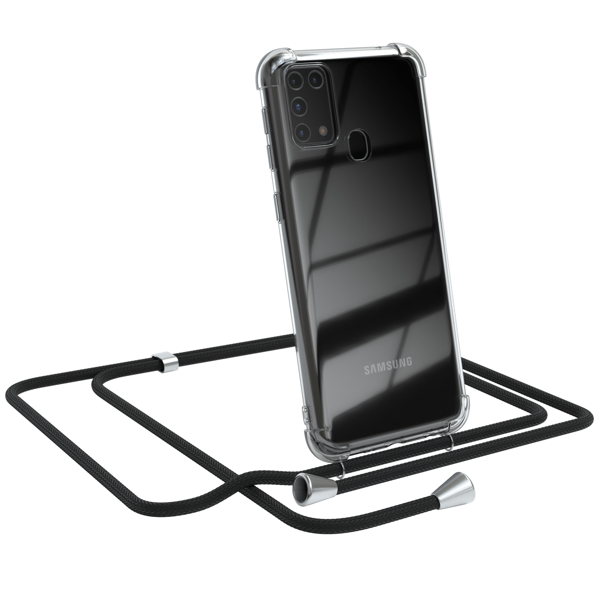Telefon in klarer Hülle mit schwarzem Kabel.