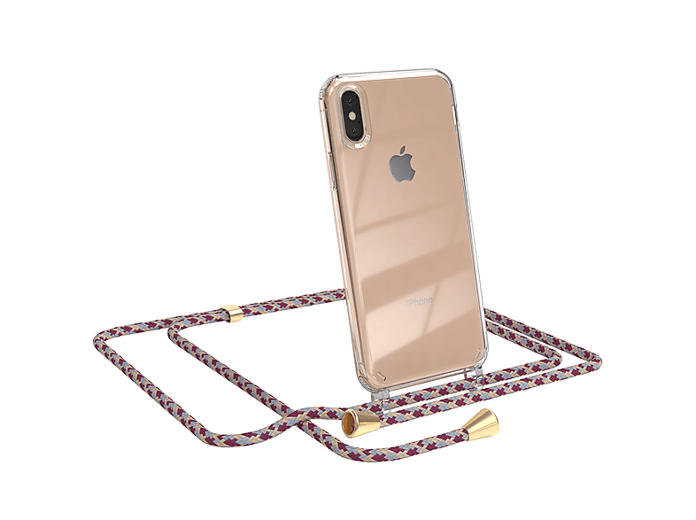 EAZY CASE Clear Cover mit Umhängeband, Umhängetasche, Apple, iPhone X / XS, Rot Beige Camouflage / Clips Gold | Handyketten