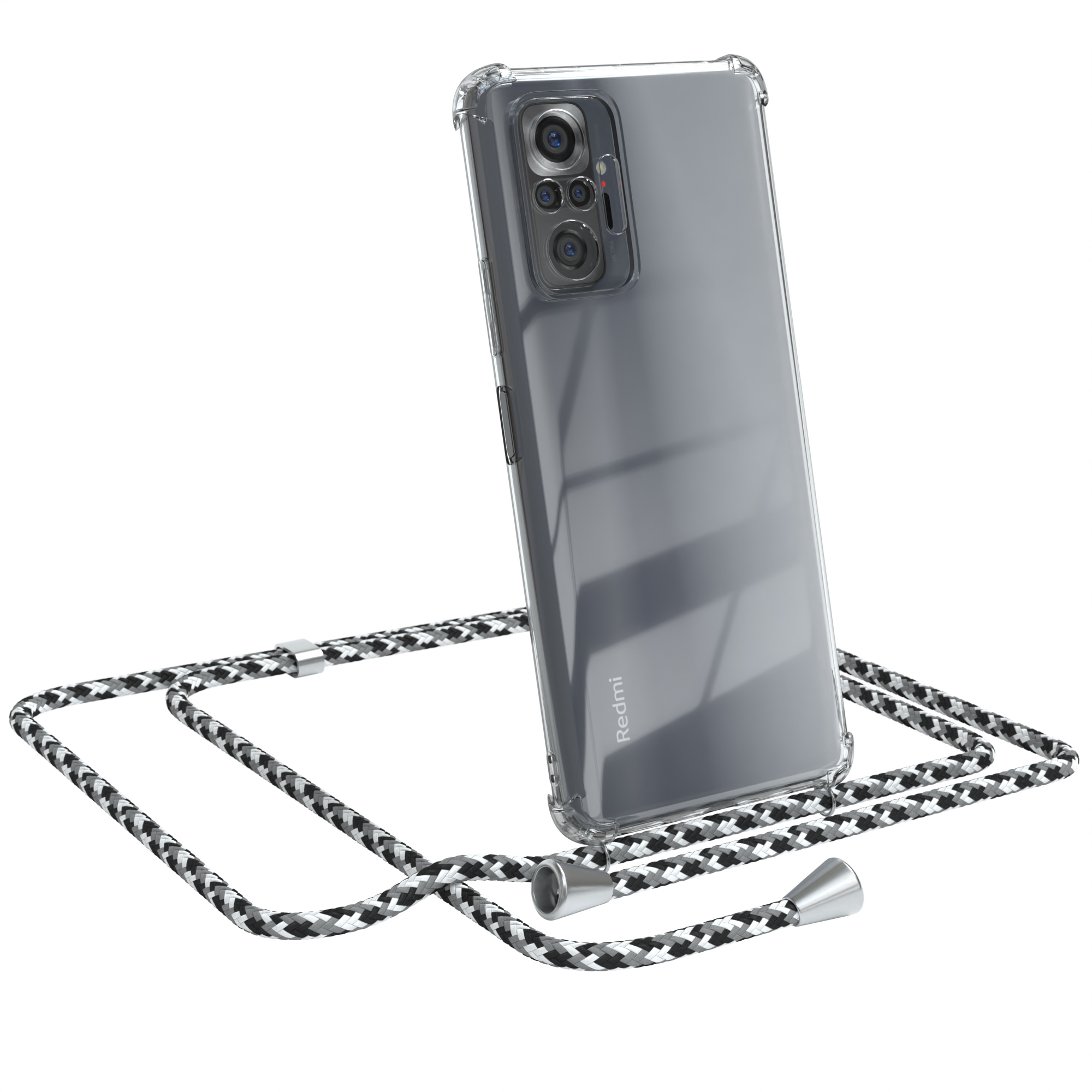 Transparente Handyhülle mit schwarz-weißem Band. Redmi-Logo sichtbar. Weißer Hintergrund.