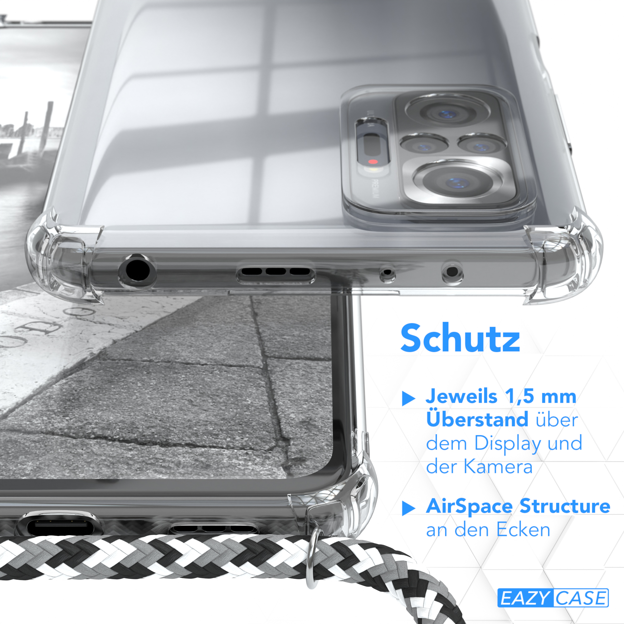 Nahaufnahme einer transparenten Handyhülle mit schwarzem Lanyard, zeigt Kamera und Kante.