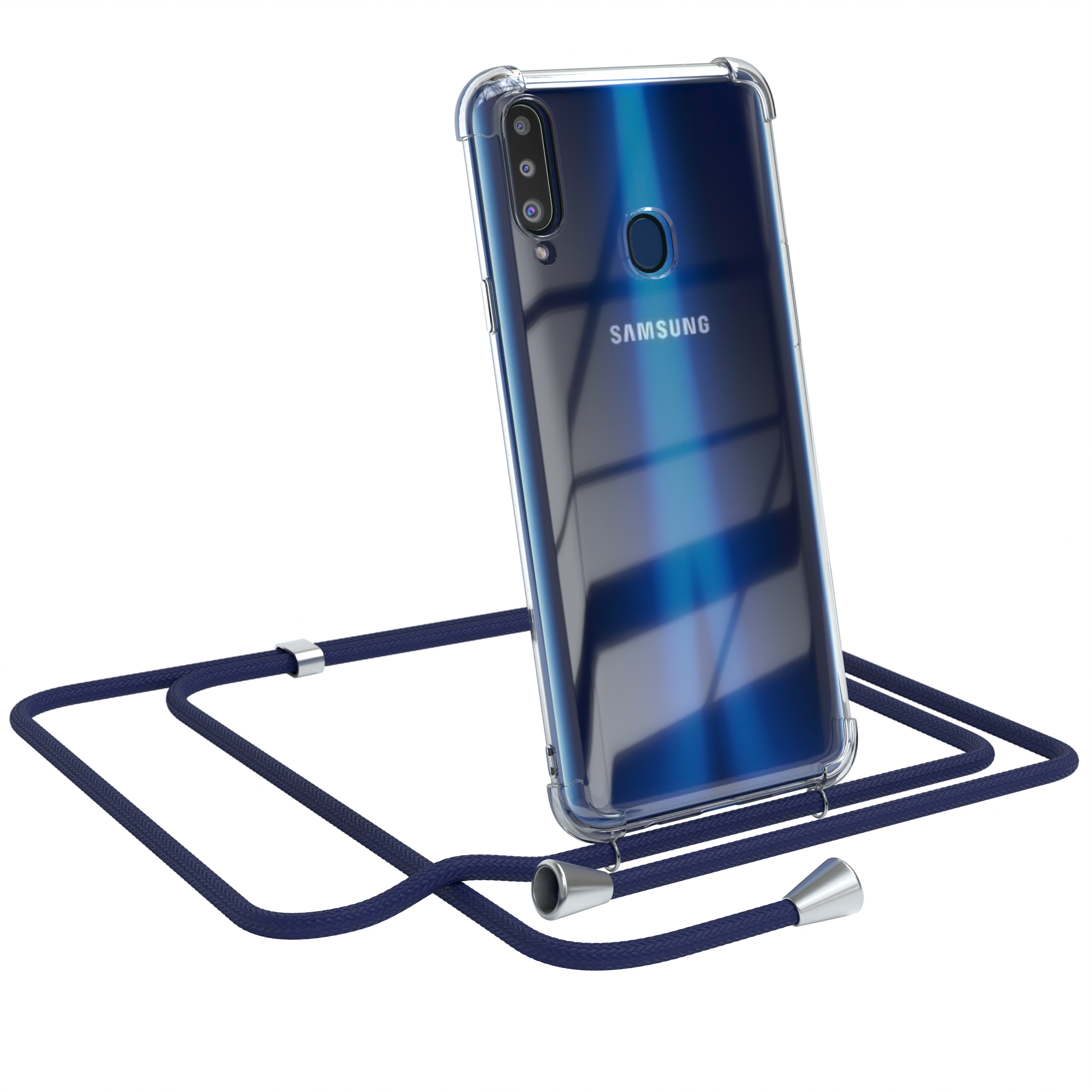 Samsung-Handy in einer transparenten Hülle mit blauem Umhängeband. Weißer Hintergrund.