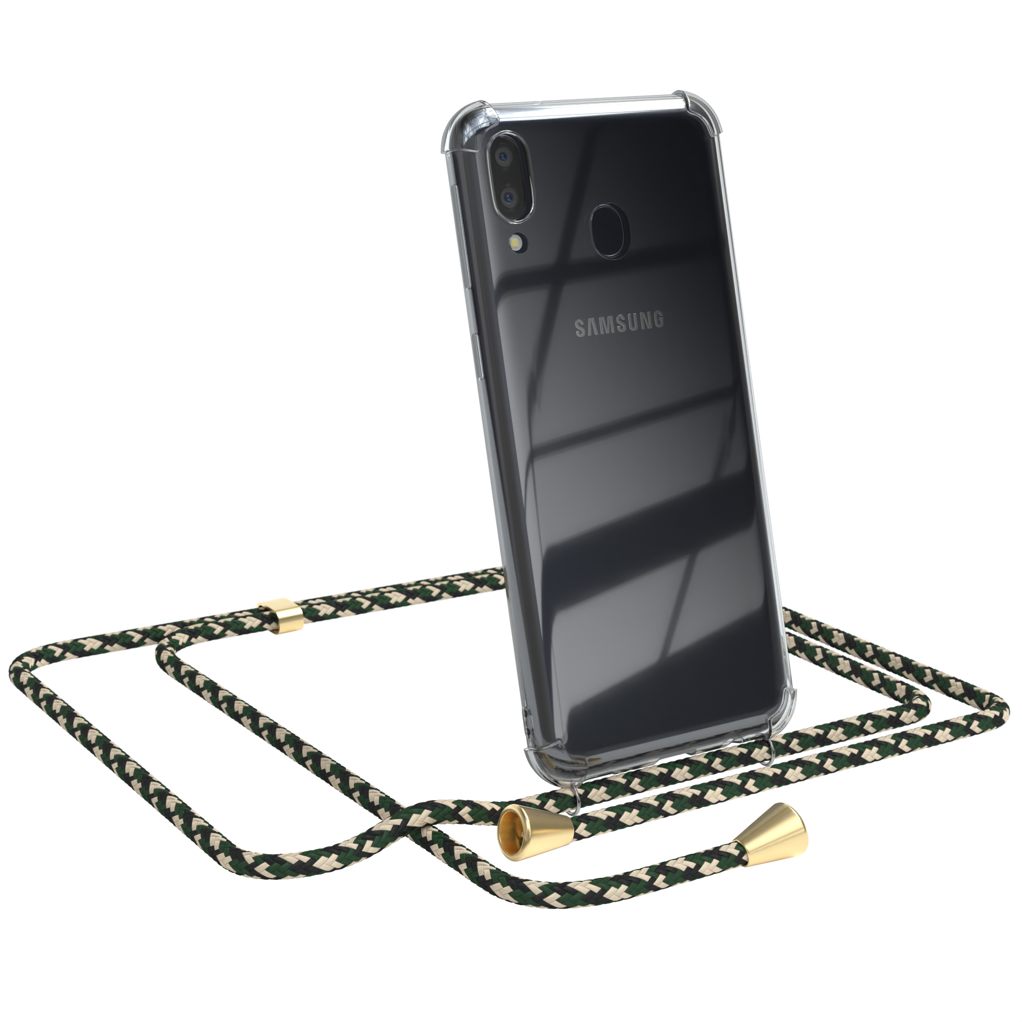 Transparente Handyhülle mit grün-schwarzem Umhängeband. Samsung Logo sichtbar.