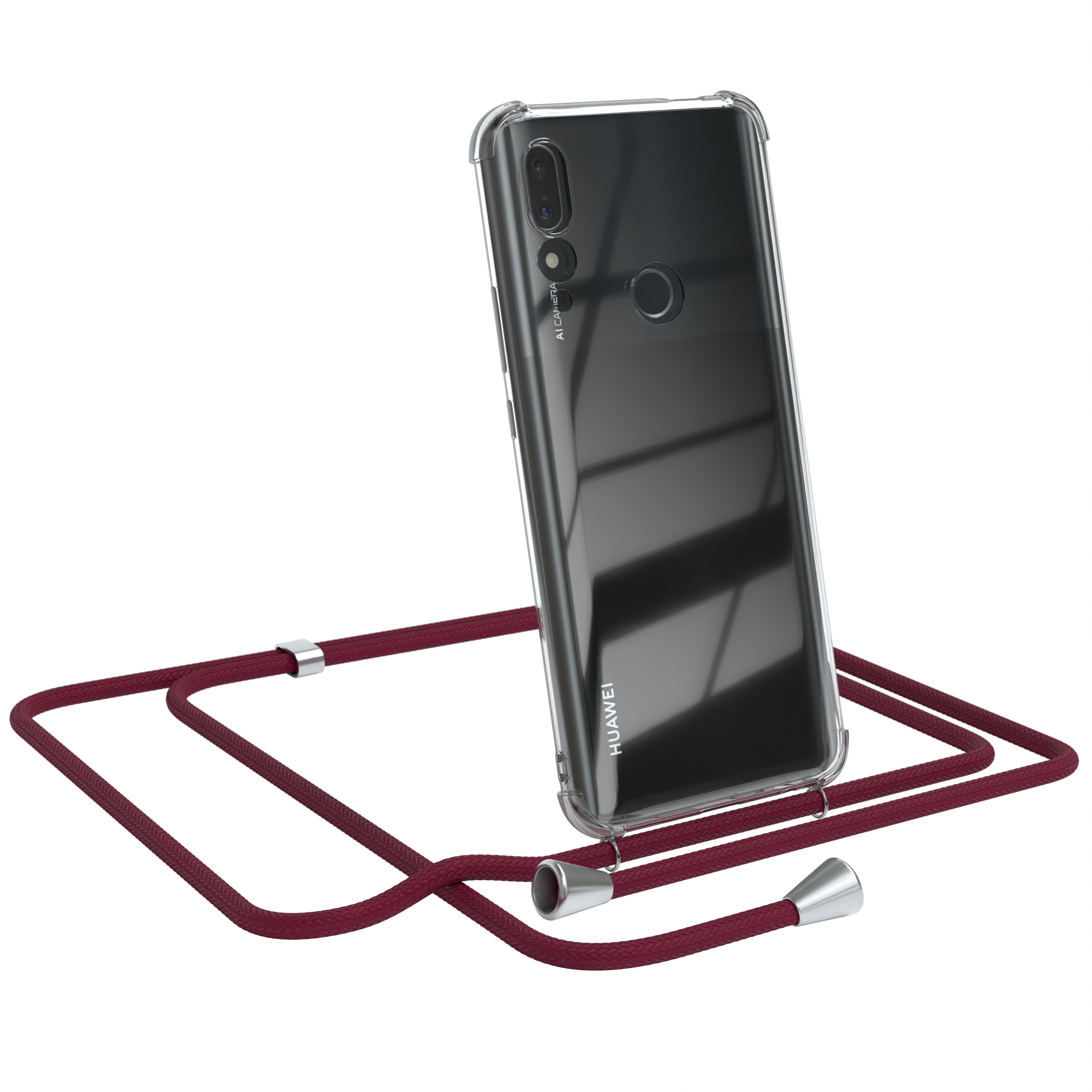 Transparente Handyhülle mit weinrotem Band. Huawei-Logo sichtbar. Weißer Hintergrund.