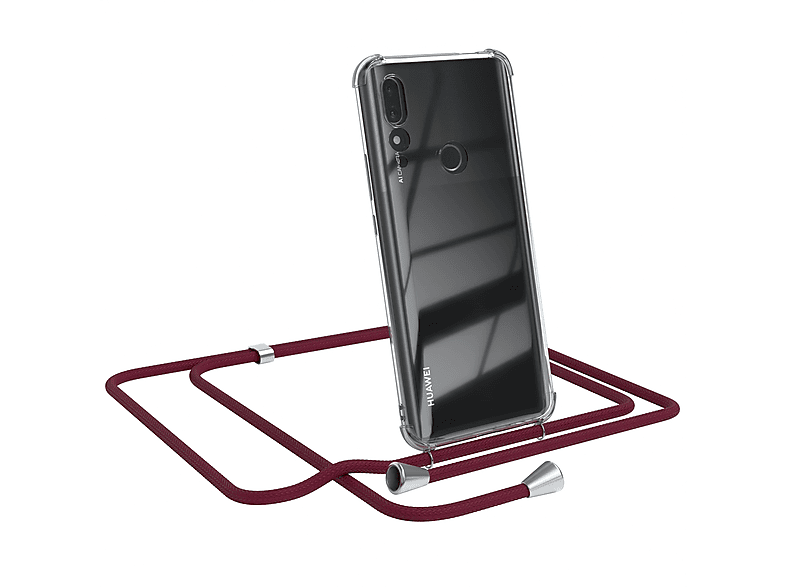 EAZY CASE Clear Cover mit Umhängeband, Umhängetasche, Huawei, P Smart Z / Y9 Prime (2019), Bordeaux Rot / Clips Silber