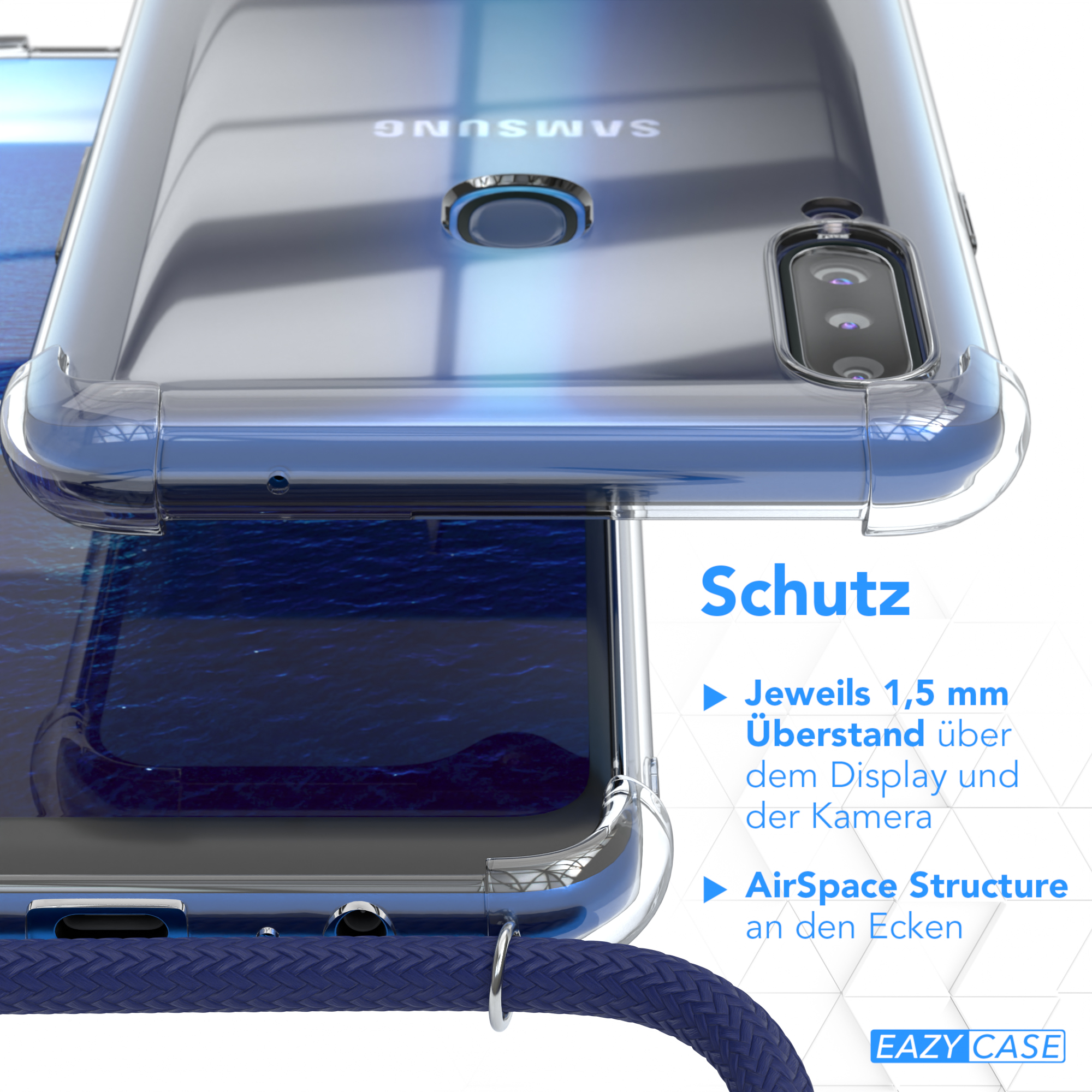 Nahaufnahme einer Handyhülle und eines Telefons. Text über den Schutz mit den Funktionen der Hülle.