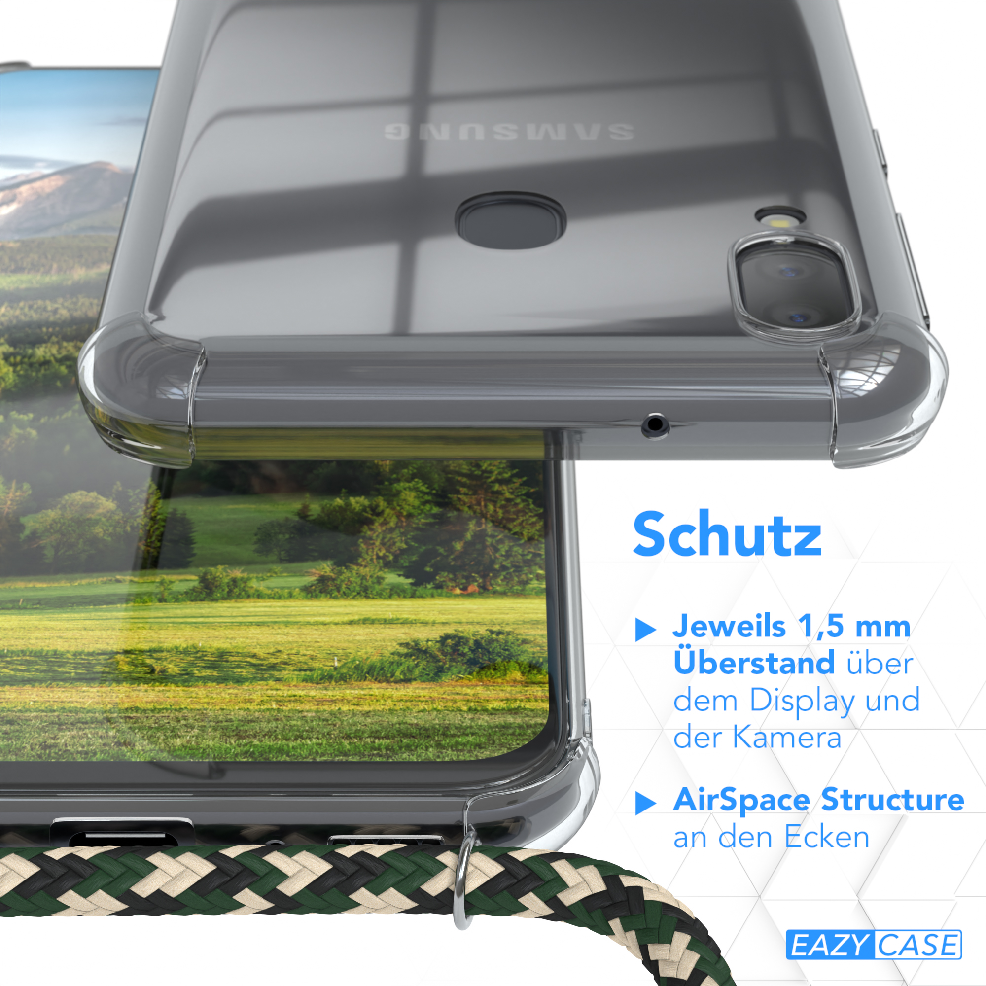 Ein Telefon in einer transparenten Hülle, mit grün-schwarzem Band und Text.