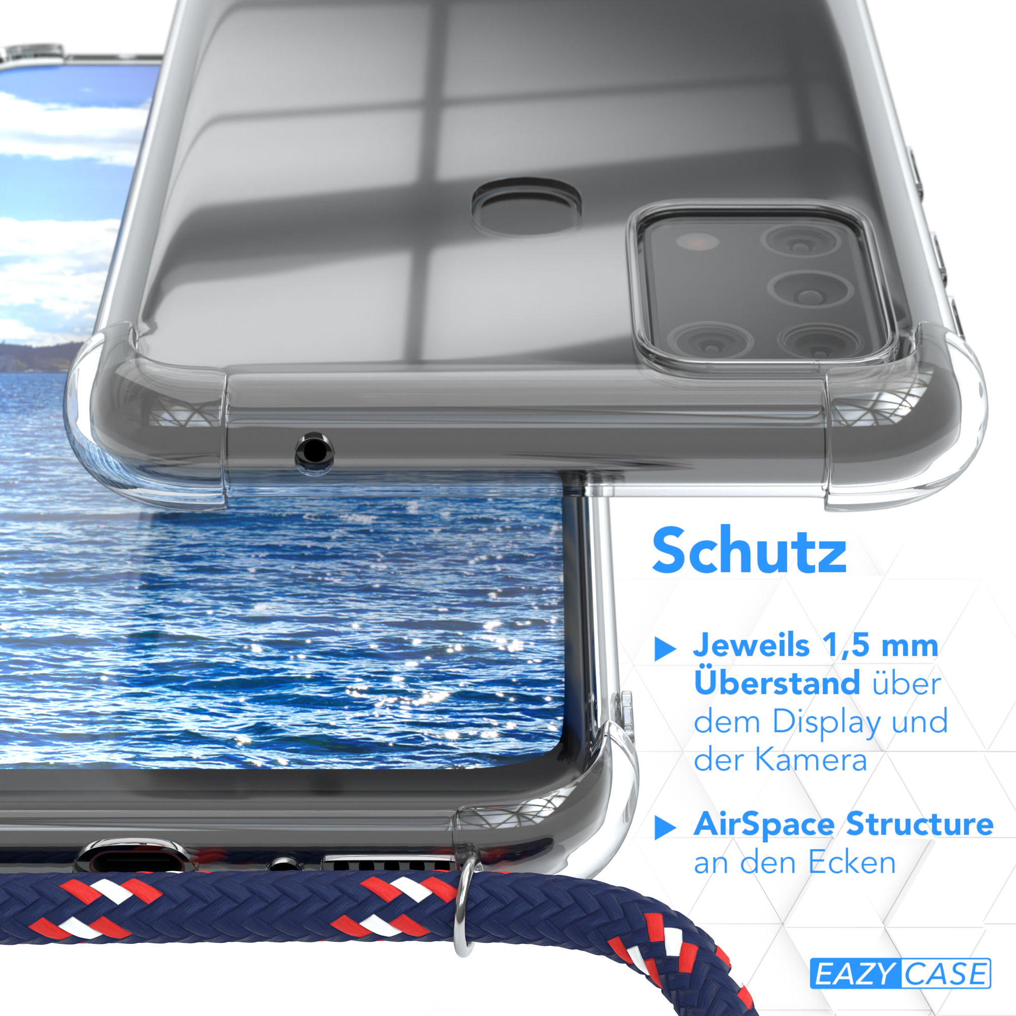Nahaufnahme einer Handyhülle mit blau-rotem Lanyard, mit beschrifteten Schutzfunktionen.