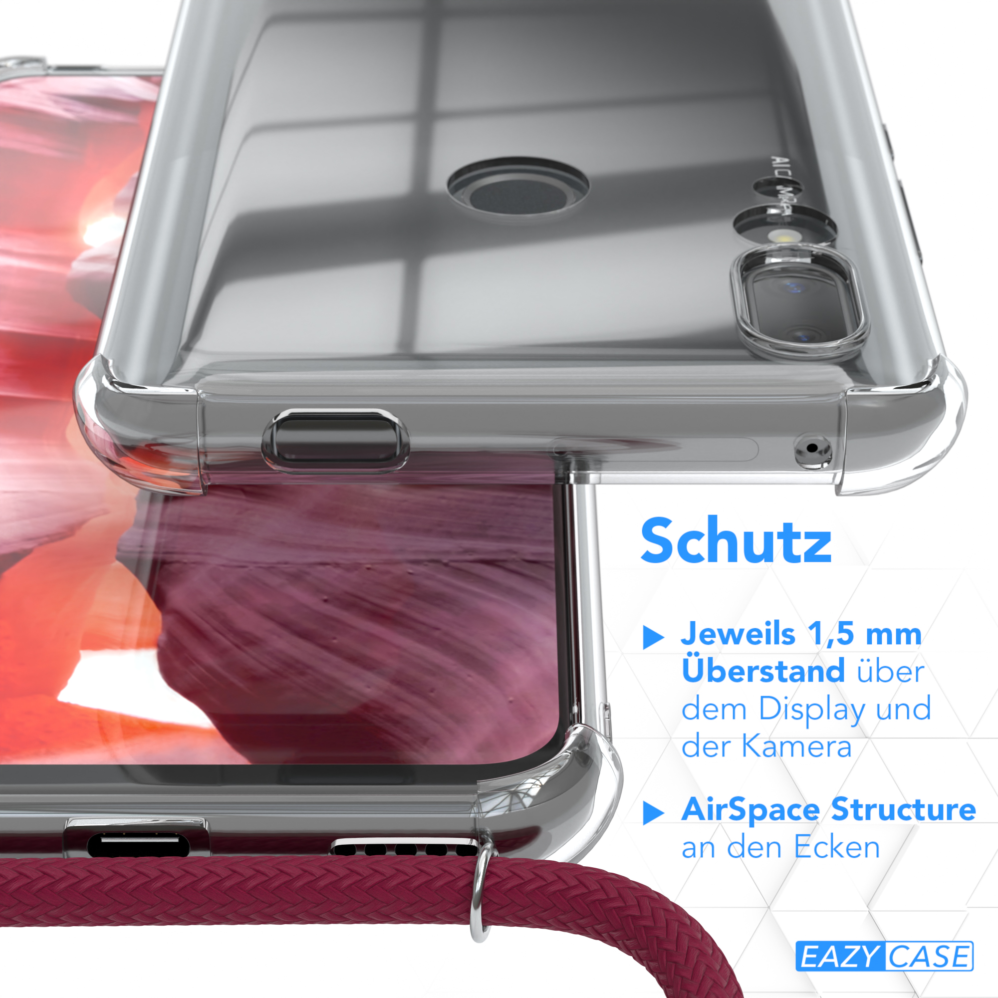 EAZY CASE Clear Silber Cover / Umhängeband, Z Prime Umhängetasche, Huawei, Y9 mit / Clips P Rot Bordeaux Smart (2019)