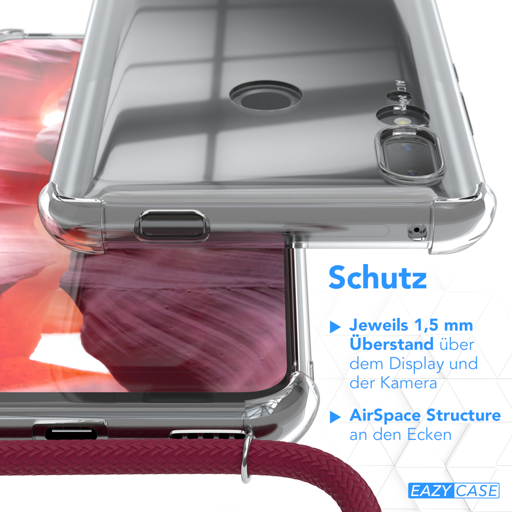 Nahaufnahme einer Handyhülle mit Details. Text zeigt Schutzfunktionen, mit roter Kordel.