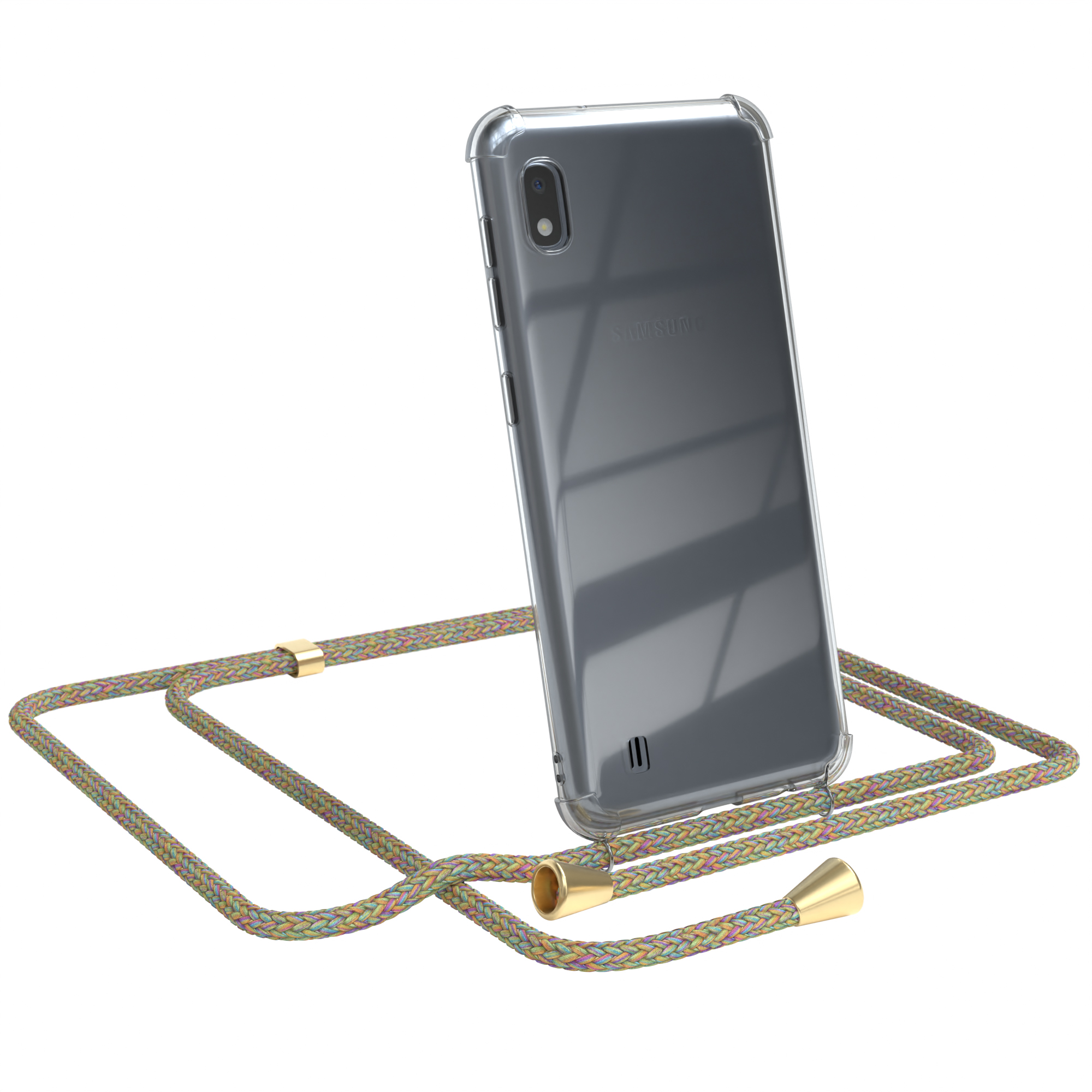 Transparente Handyhülle mit farbenfrohem Band. Das Telefon ist grau, das Band hat goldene Enden.