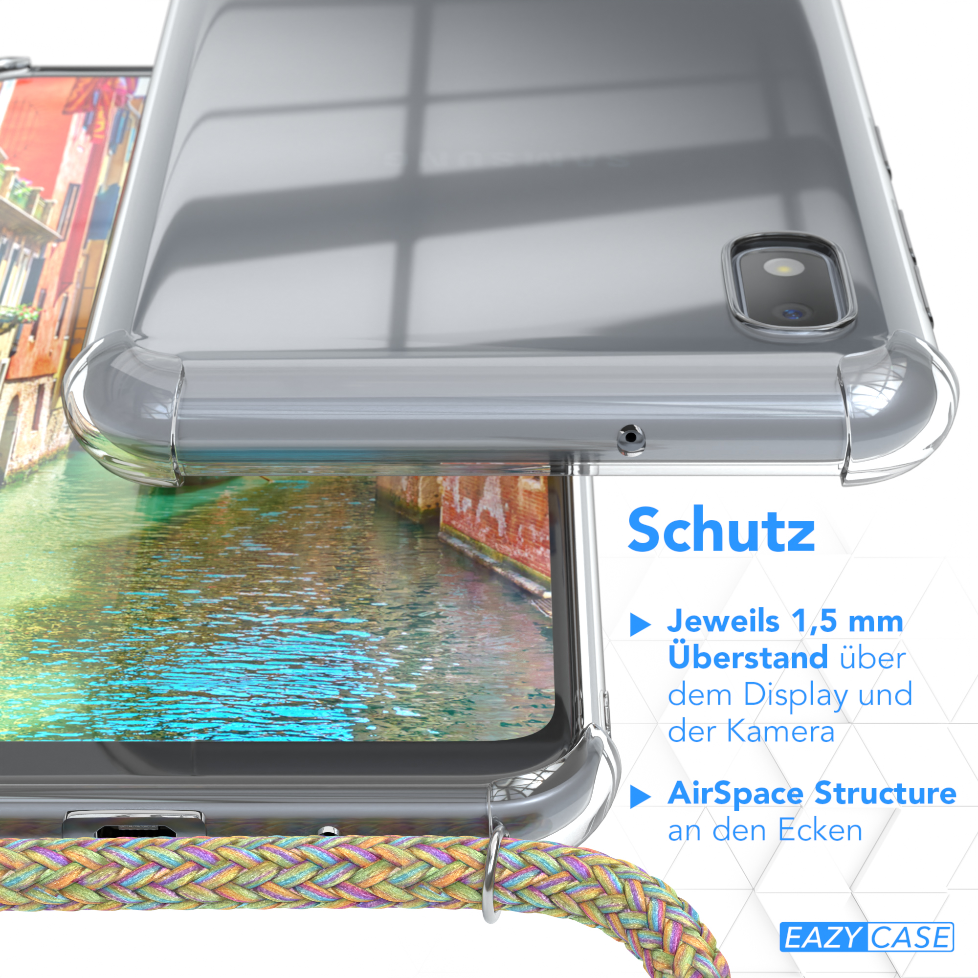 Eine klare Handyhülle über einem Handy mit Kanalblick im Hintergrund; Text sagt 'Schutz'.