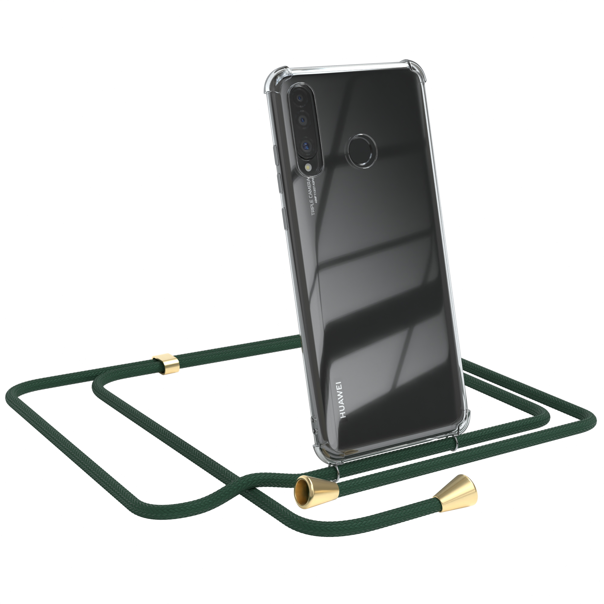 Schwarzes Telefon in einer transparenten Hülle mit grünem Riemen. Das Telefon lehnt sich an den Riemen.
