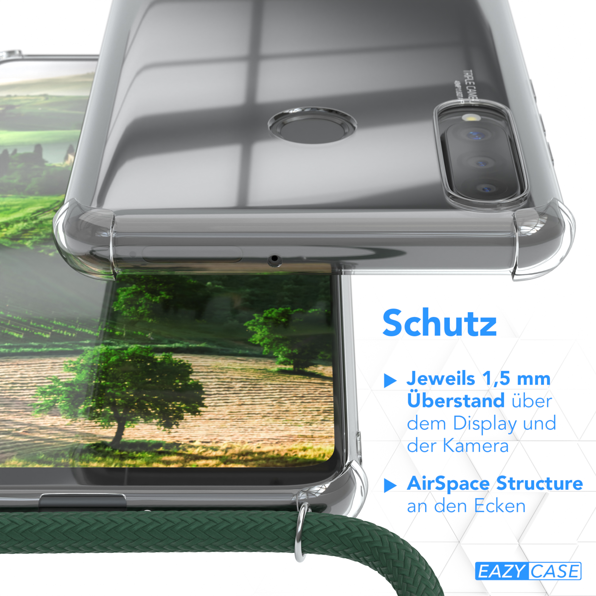Eine transparente Handyhülle auf weißem Hintergrund. Der Text lautet 'Schutz', mit Merkmalen: 1,5 mm Display- und Kameraschutz.