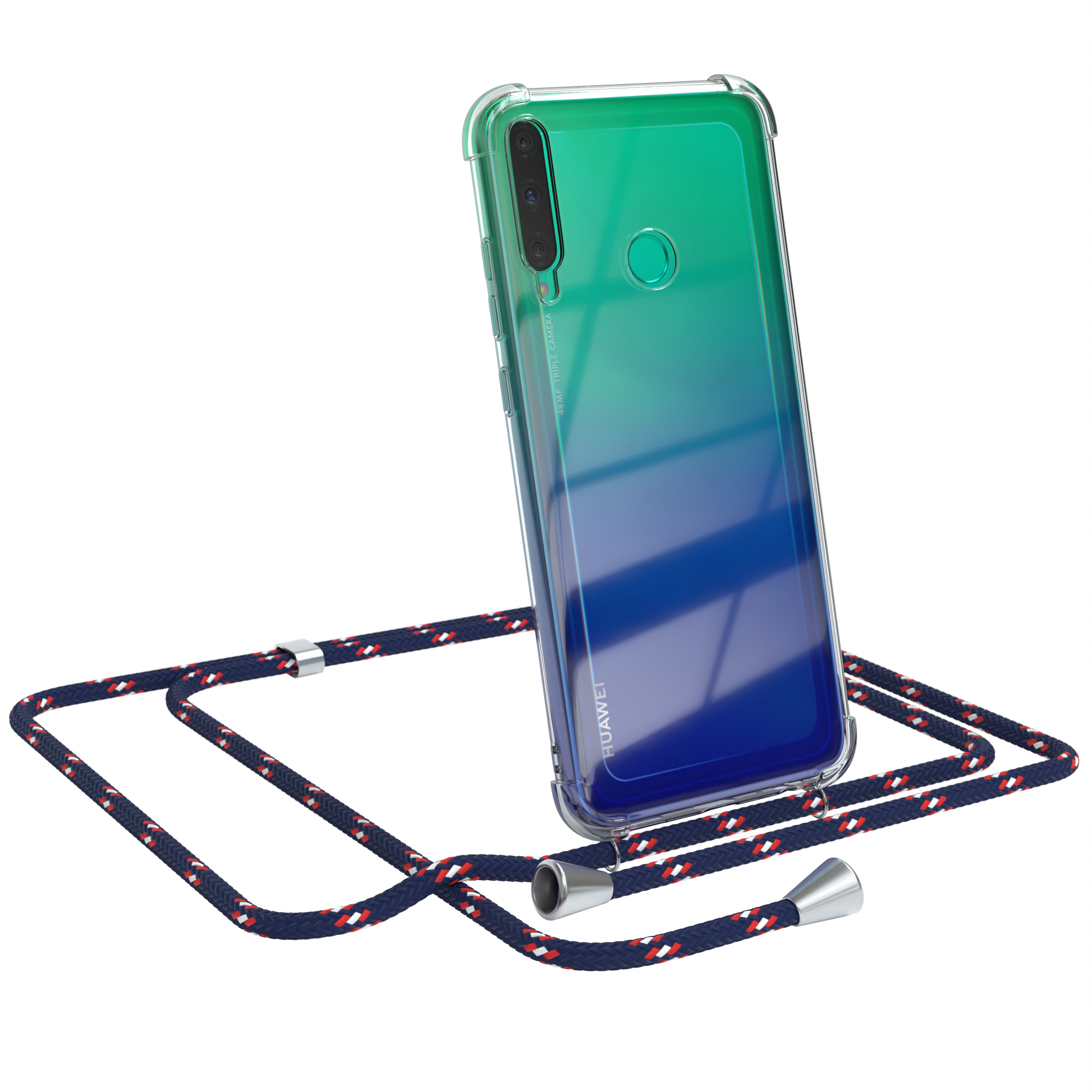 Gradient-Handy in transparenter Hülle mit Lanyard. Die Farbverläufe sind blau und grün. Huawei-Logo auf dem Telefon sichtbar.