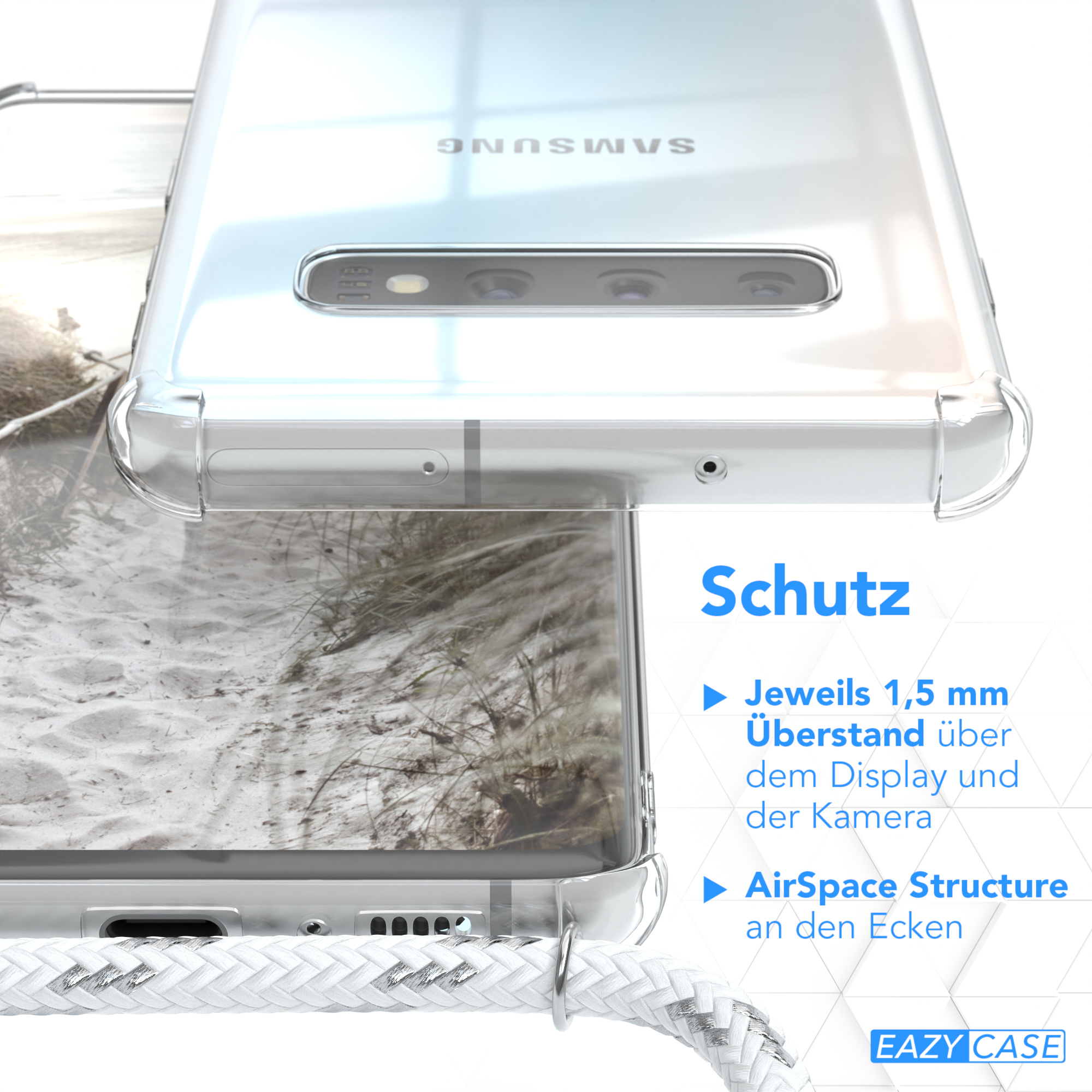Klare Handyhülle Detail. Zeigt Schutzfunktionen mit dem Telefon im Inneren. Der Hintergrund ist ein Sandstrand.