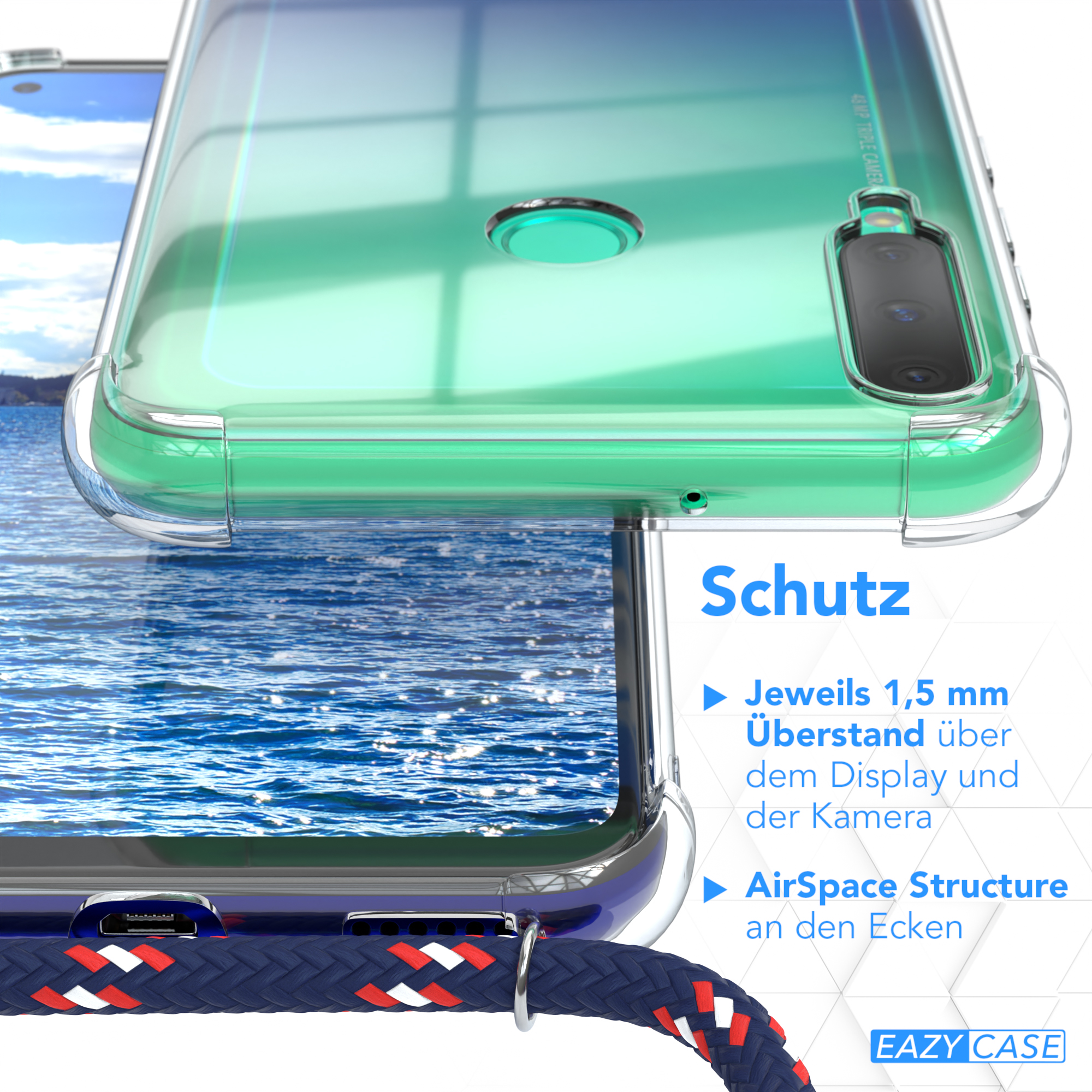Nahaufnahme einer Handyhülle mit deutschem Text. Die Hülle schützt das Display und hat AirSpace Structure.