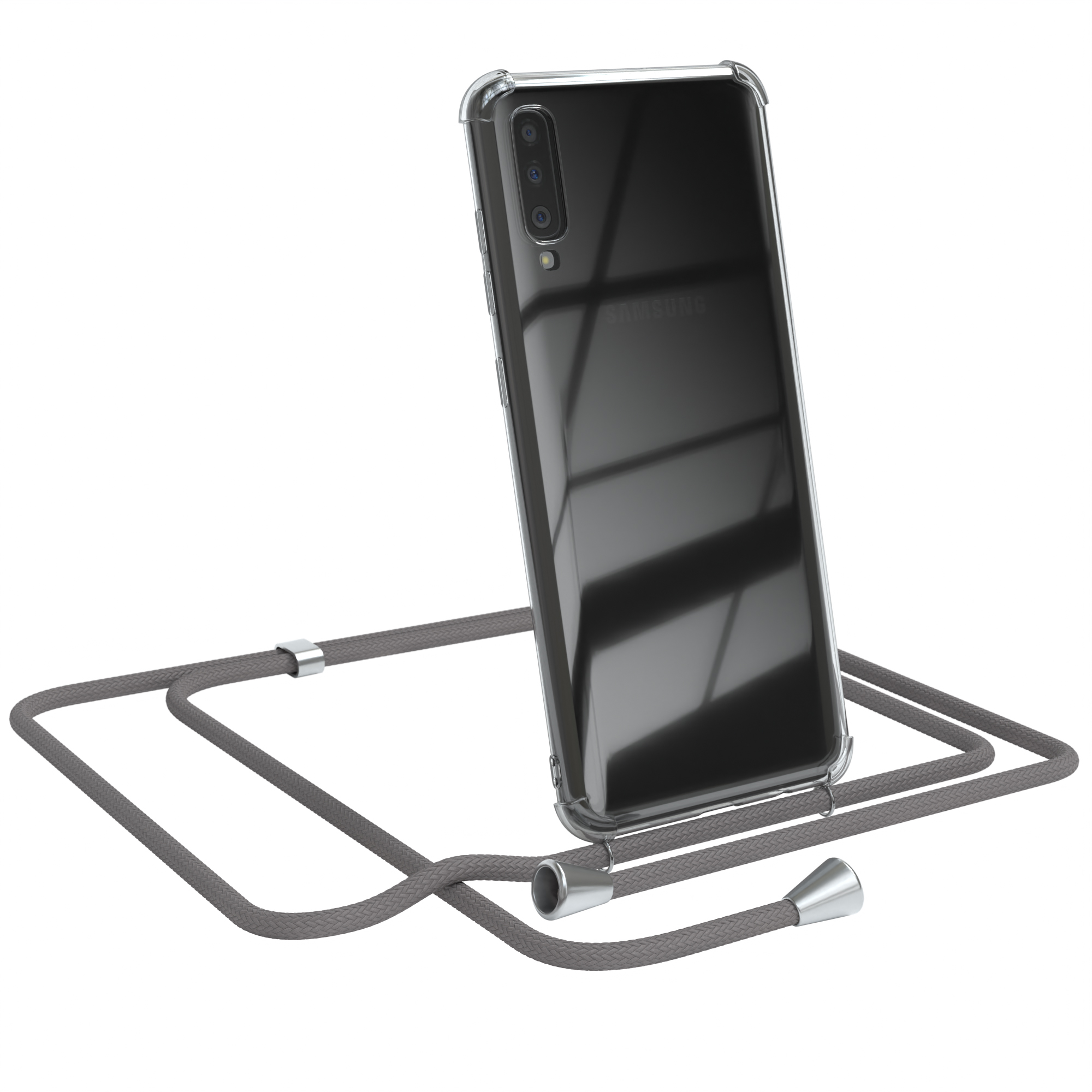 Transparente Handyhülle mit grauem Schlüsselband. Ein Samsung-Telefon ist drin.