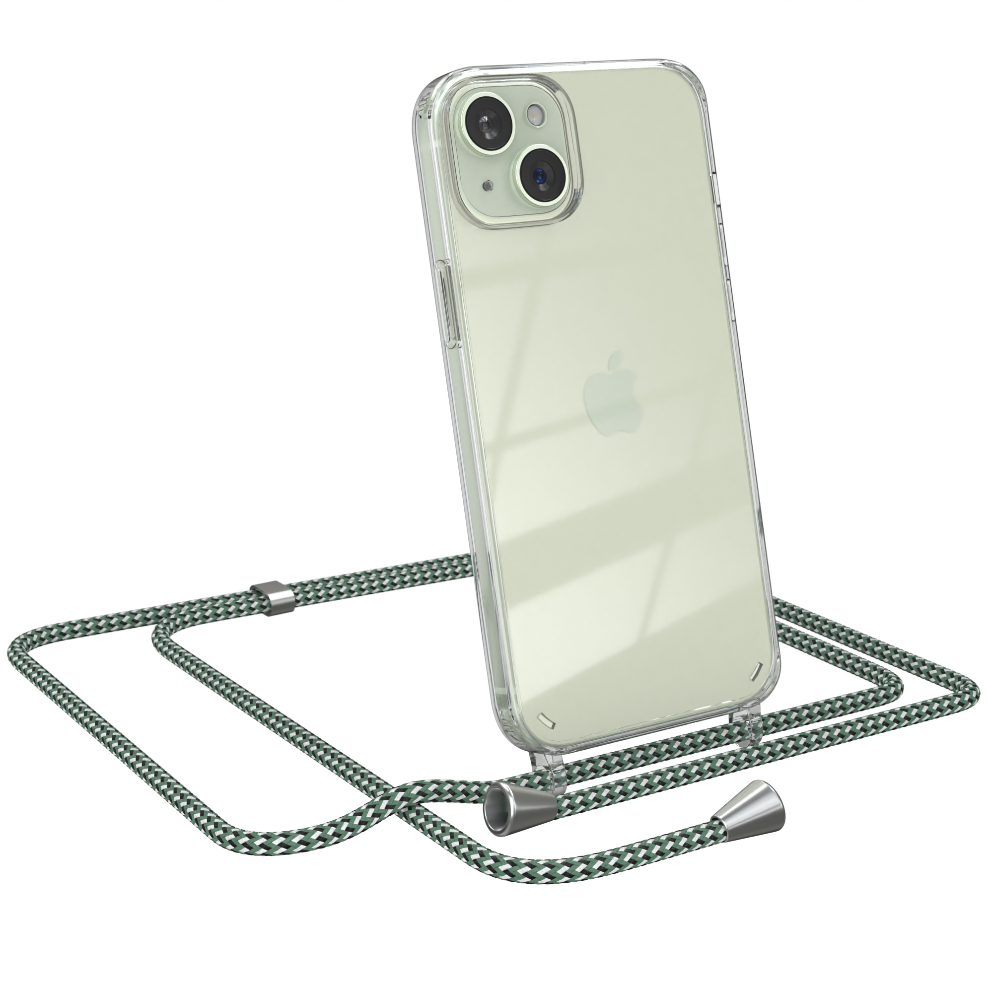 Transparente Handyhülle mit grüner Kordel. Apple-Logo sichtbar. Weißer Hintergrund.