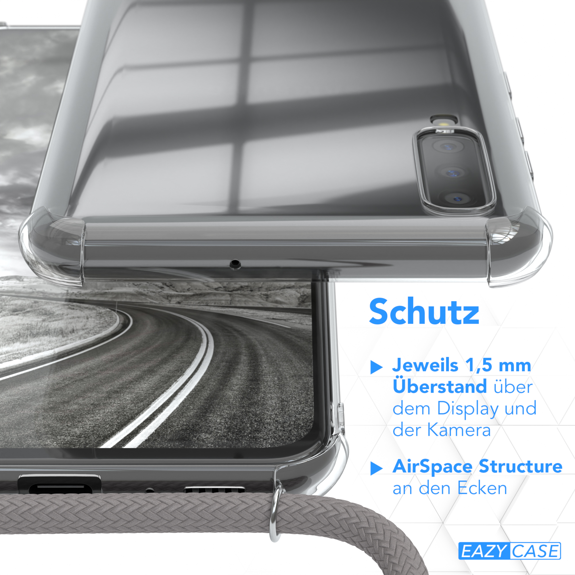 Transparente Handyhülle auf einem Telefon mit Straße im Hintergrund, mit Schutz-Text.