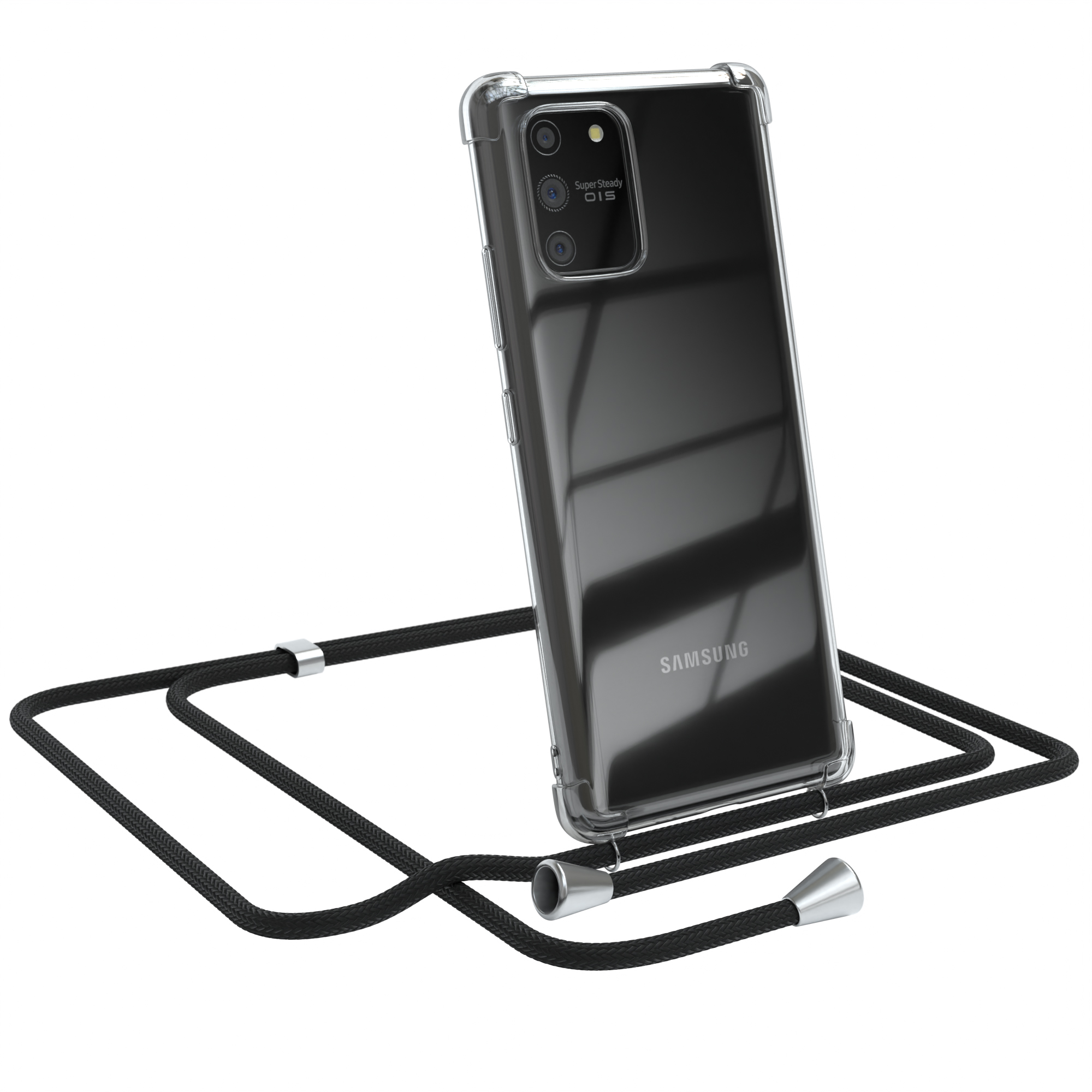 Transparente Handyhülle mit Band. Samsung-Logo sichtbar. Der Riemen hat silberfarbene Akzente.