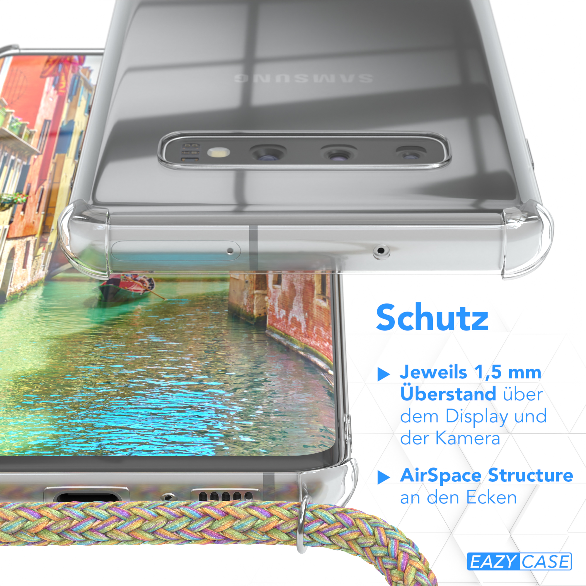 Nahaufnahme einer Handyhülle mit Details zu ihren Schutzfunktionen.
