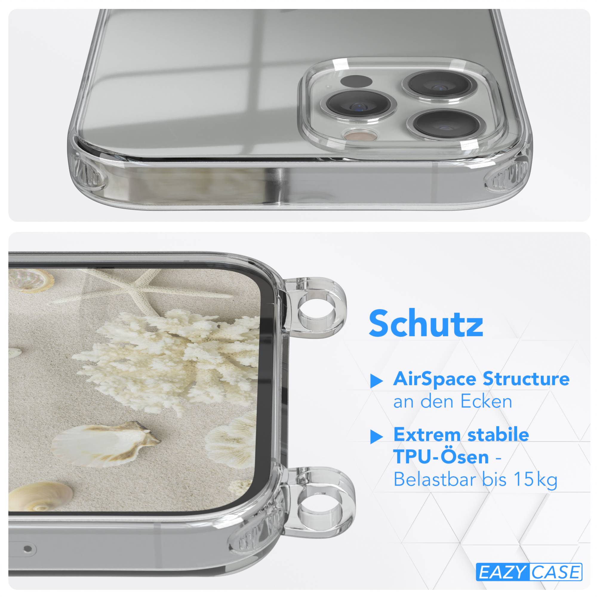 Eine transparente Handyhülle mit hervorgehobenen Merkmalen, die Schutzdetails zeigen.
