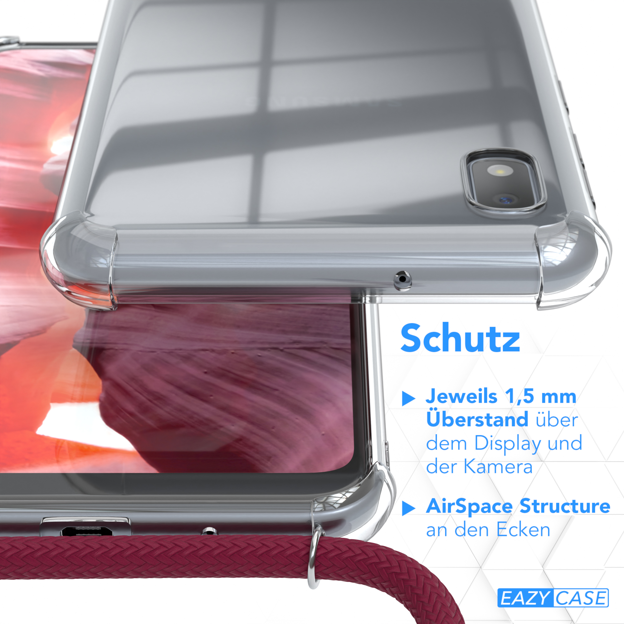 Nahaufnahme einer Handyhülle mit Text über Schutz und Funktionen, rotes Kabel.