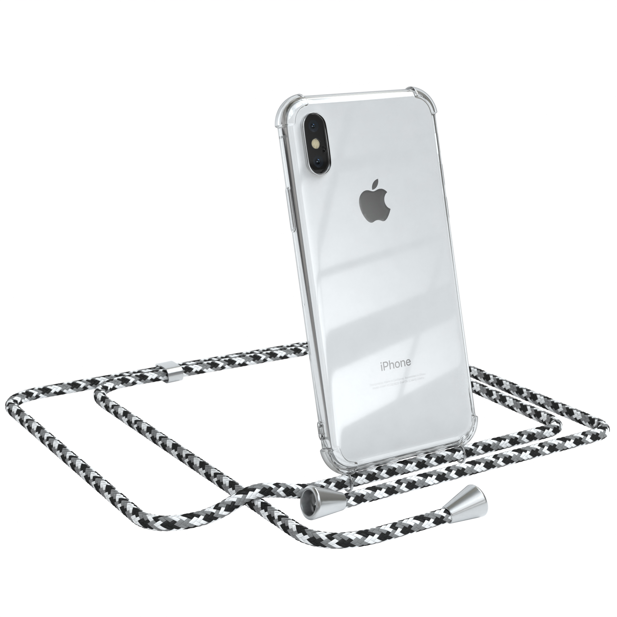Transparente Hülle mit schwarz-weißem Lanyard. Apple-Telefon.