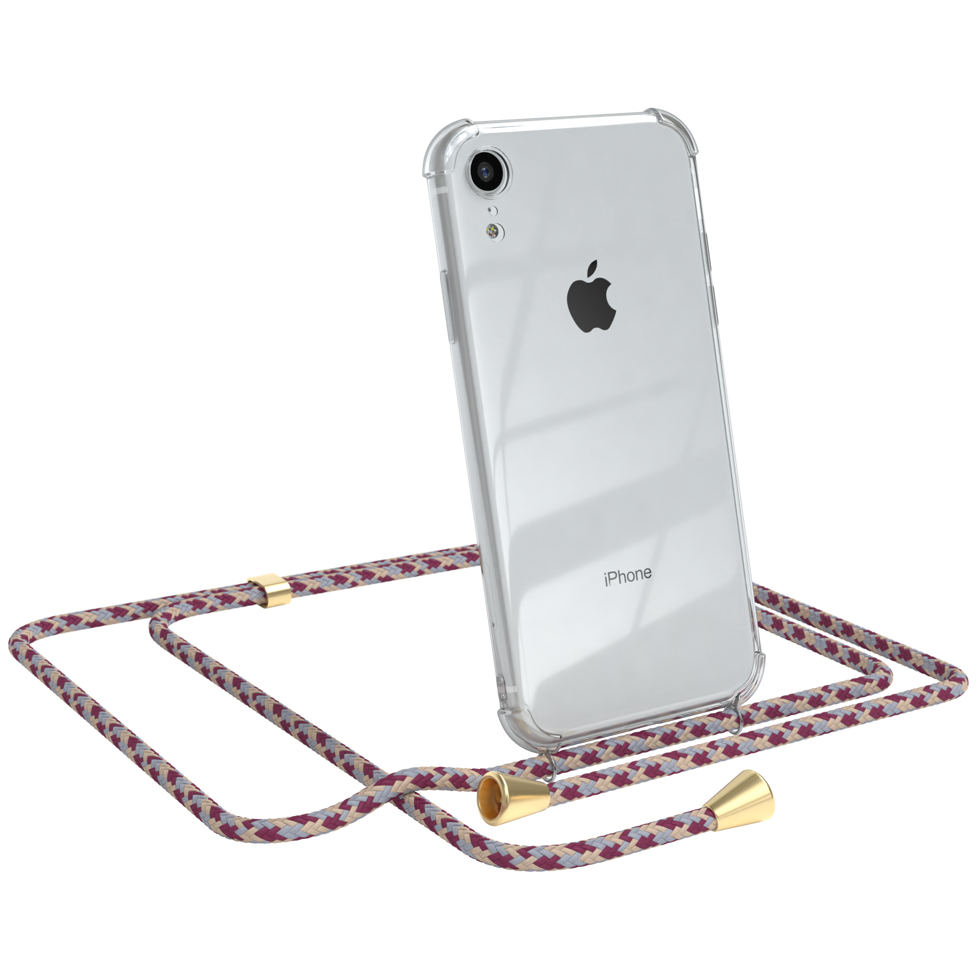 Klares iPhone mit Kordel. Die Kordel ist weinrot und weiß. Der Hintergrund ist weiß.