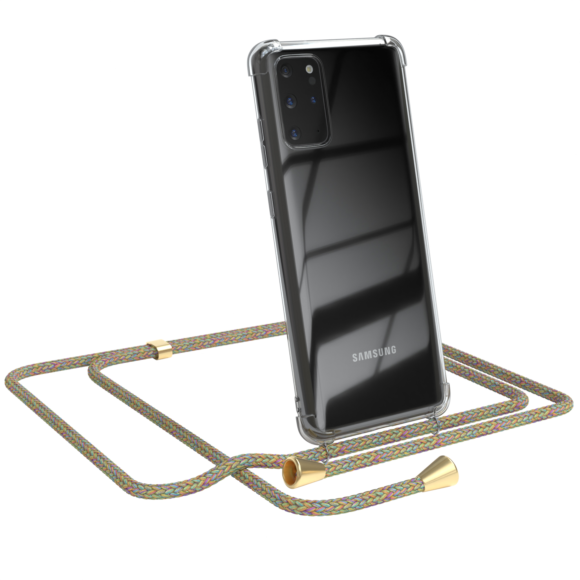 Transparente Handyhülle mit buntem Umhängeband. Das Telefon zeigt ein Samsung-Logo.