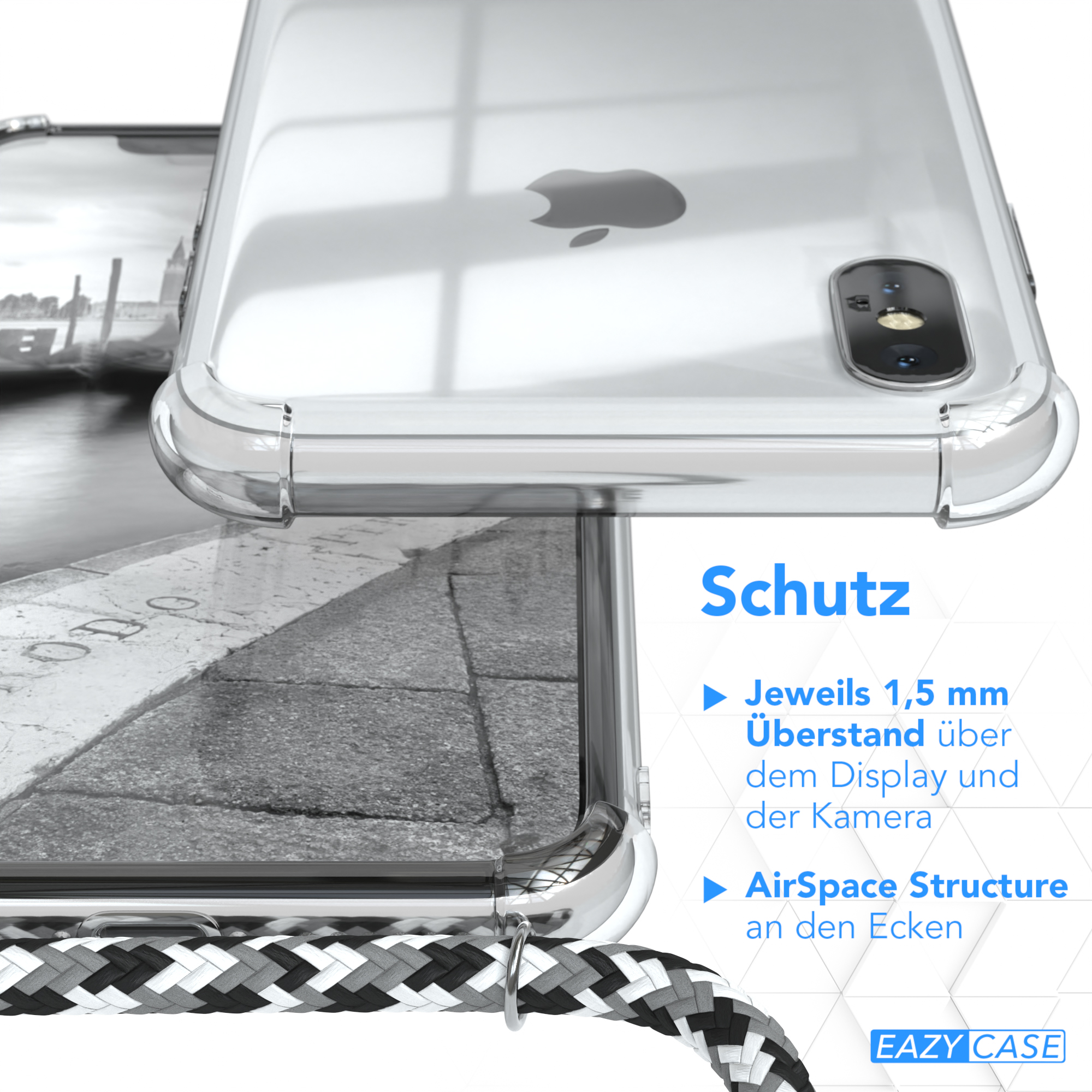 Transparente Handyhülle mit Apple-Logo auf einem Telefon. Text über Schutzfunktionen. Hintergrund zeigt eine Stadt.