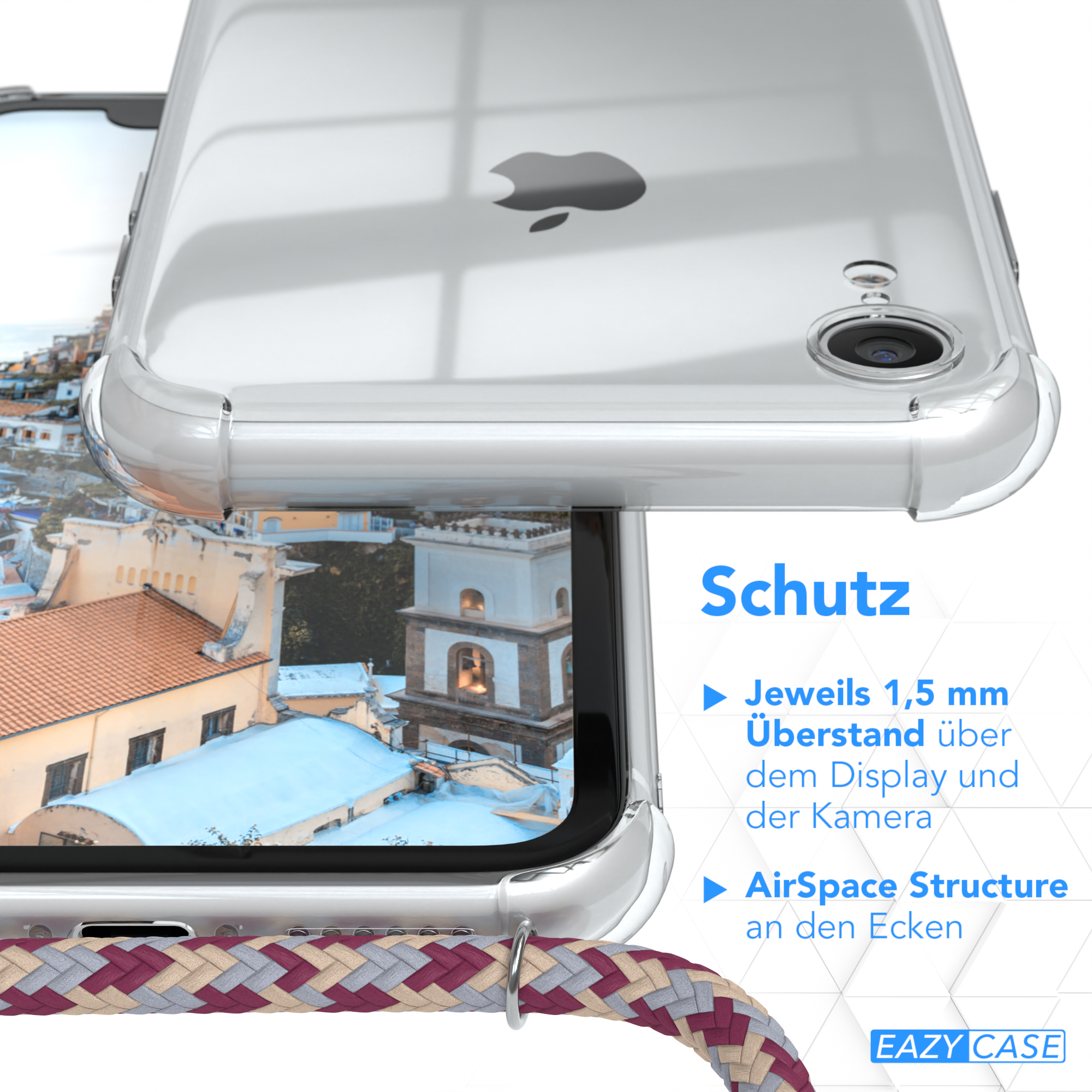 Transparente Handyhülle über einem Telefon mit Stadtkulisse; Schutz und EAZY CASE Logo.