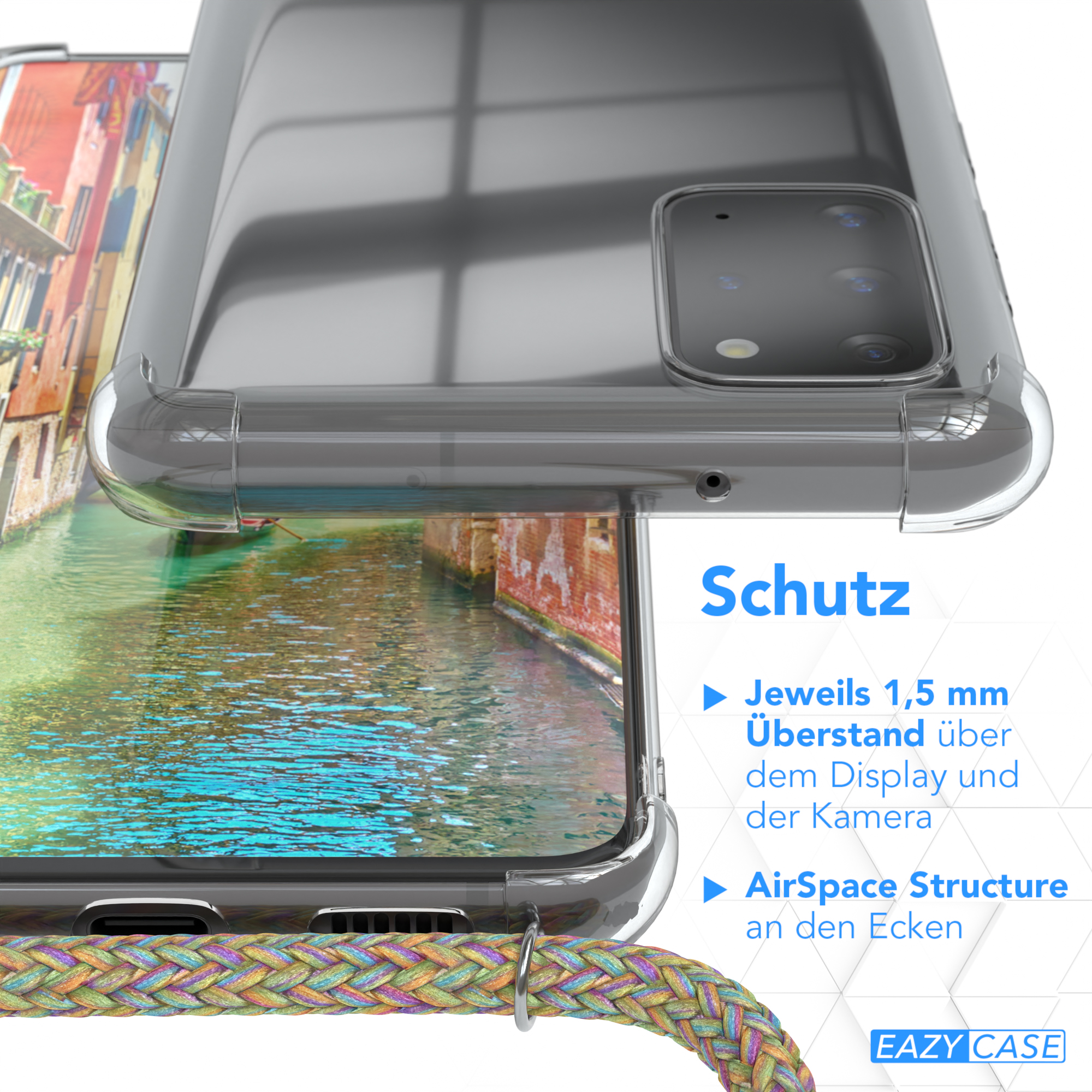 Transparente Handyhülle über Stadtkulisse, mit beigem Telefonband und Text.