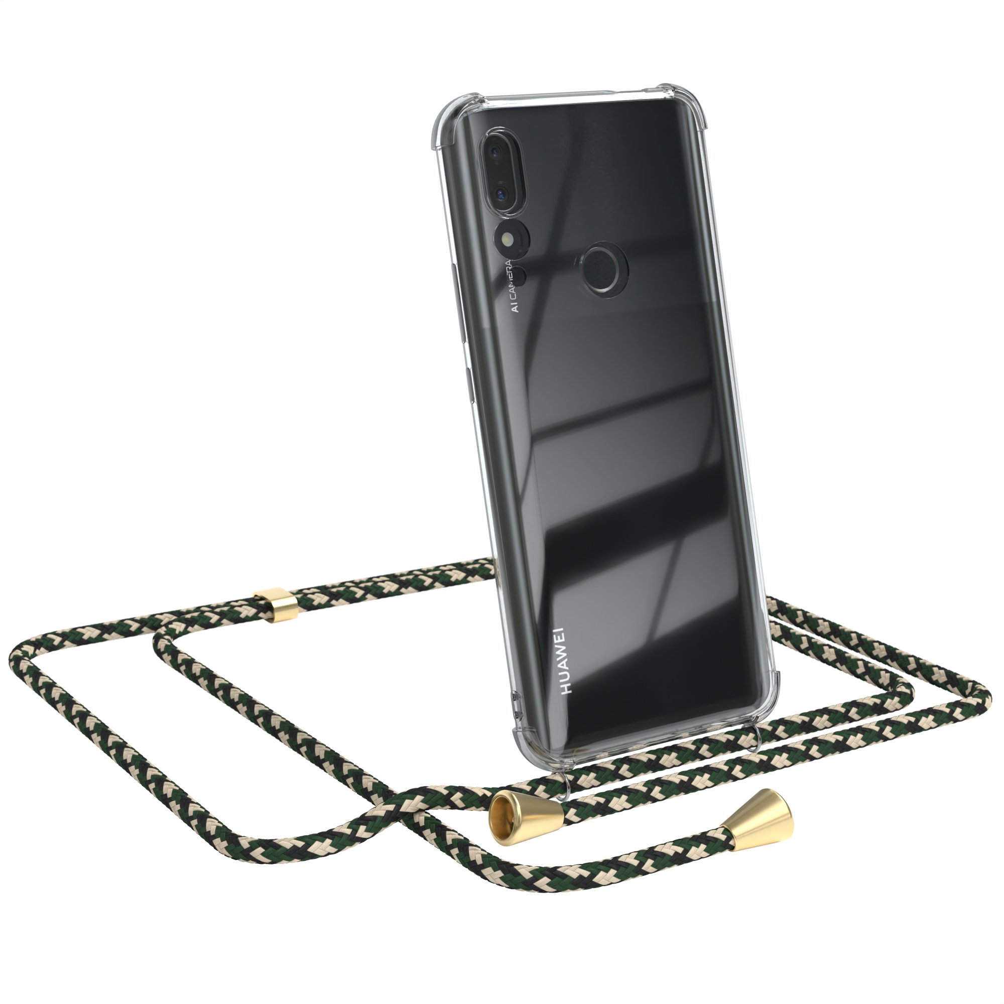 Transparente Handyhülle mit grün-beigem Kordelband. Schwarzes Handy mit 'HUAWEI'.