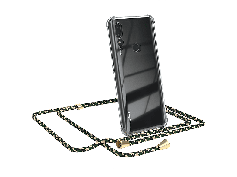 EAZY CASE Clear Cover mit Umhängeband, Umhängetasche, Huawei, P Smart Z / Y9 Prime (2019), Grün Camouflage / Clips Gold | Handyketten