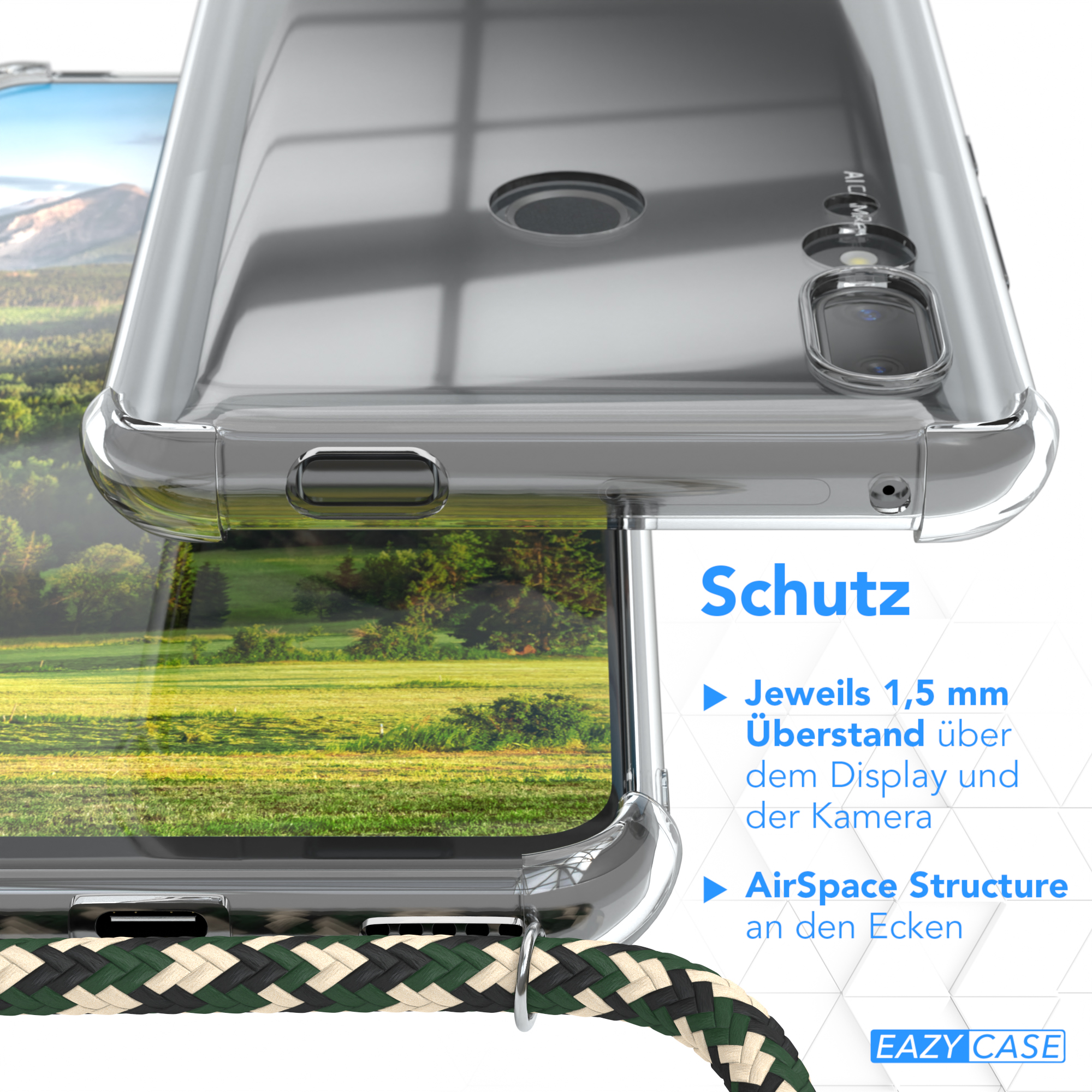 Transparente Handyhülle mit Telefon und Lanyard. Nahaufnahmedetails der Hülle.