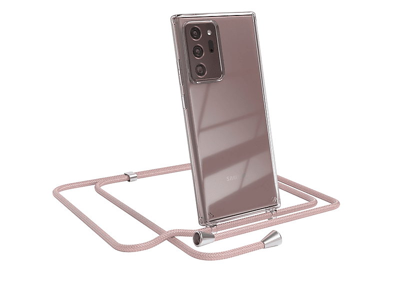 EAZY CASE Clear Cover mit Umhängeband, Umhängetasche, Samsung, Galaxy Note 20 Ultra / Note 20 Ultra 5G, Rosé / Clips Silber