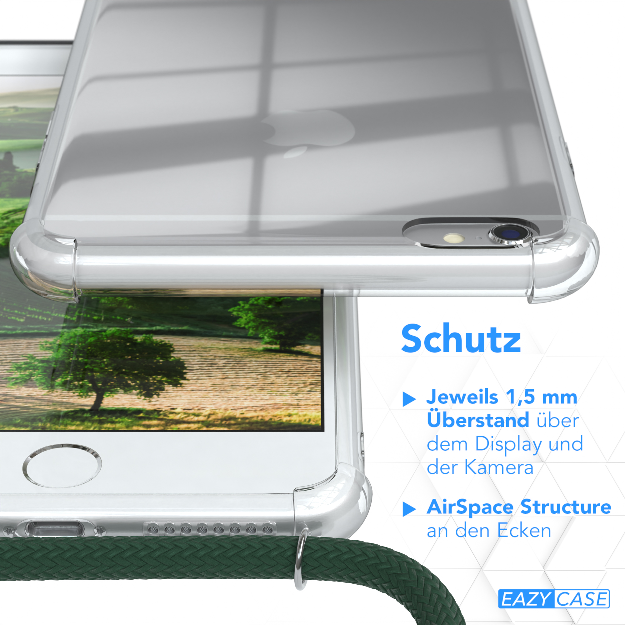 Nahaufnahme eines Telefons in einer transparenten Hülle. An der Hülle ist ein rotes Kabel befestigt.