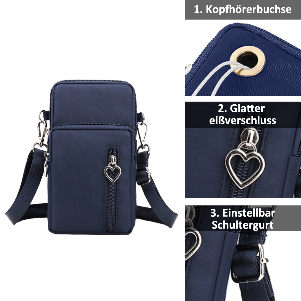 Eine marineblaue Telefontasche mit Details: Kopfhöreranschluss, Reißverschluss und verstellbarer Schulterriemen.