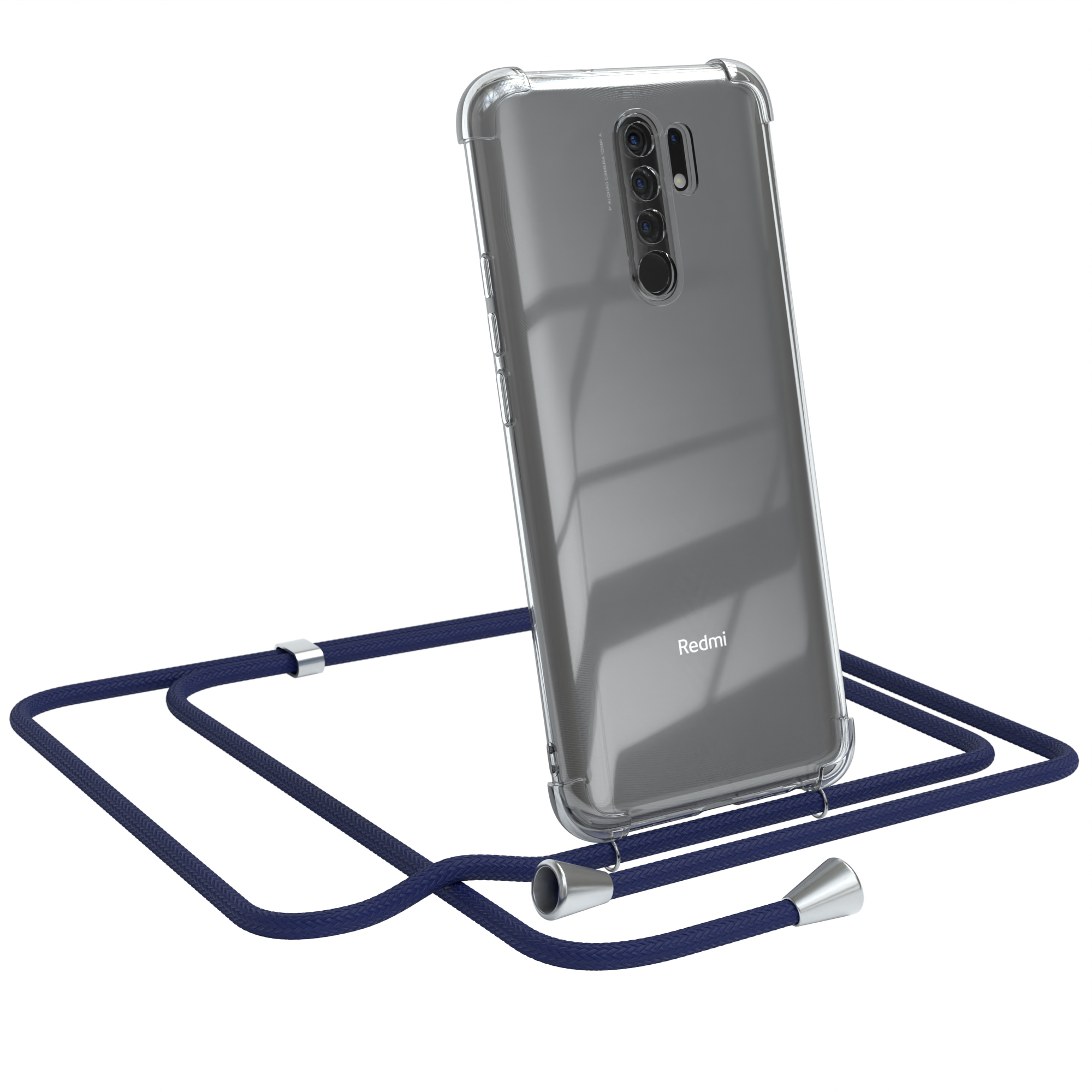 Ein Telefon in einer durchsichtigen Hülle mit einem marineblauen Lanyard. Das Telefon ist abgewinkelt.
