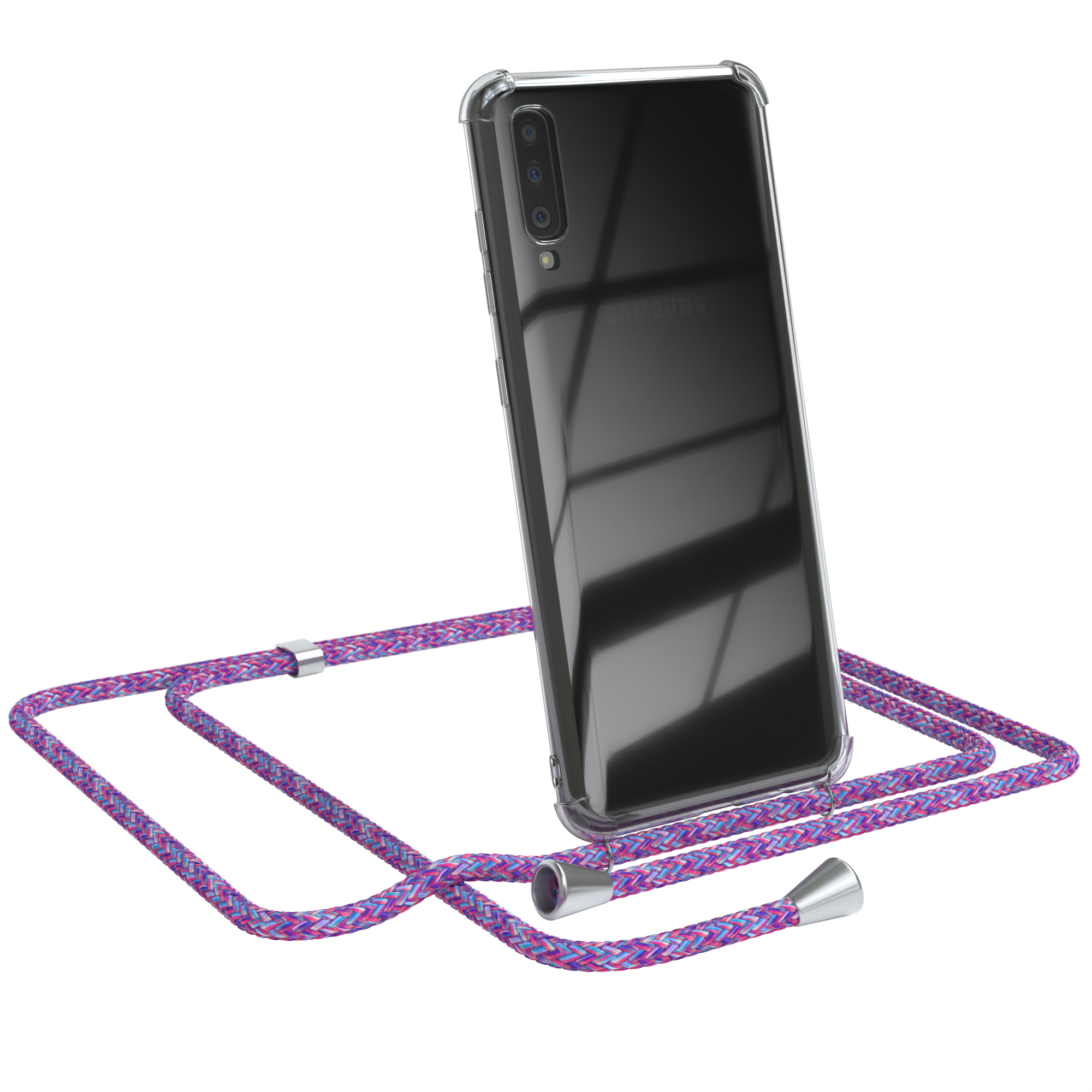 Telefon in klarer Hülle mit pink-blauem Umhängeband.