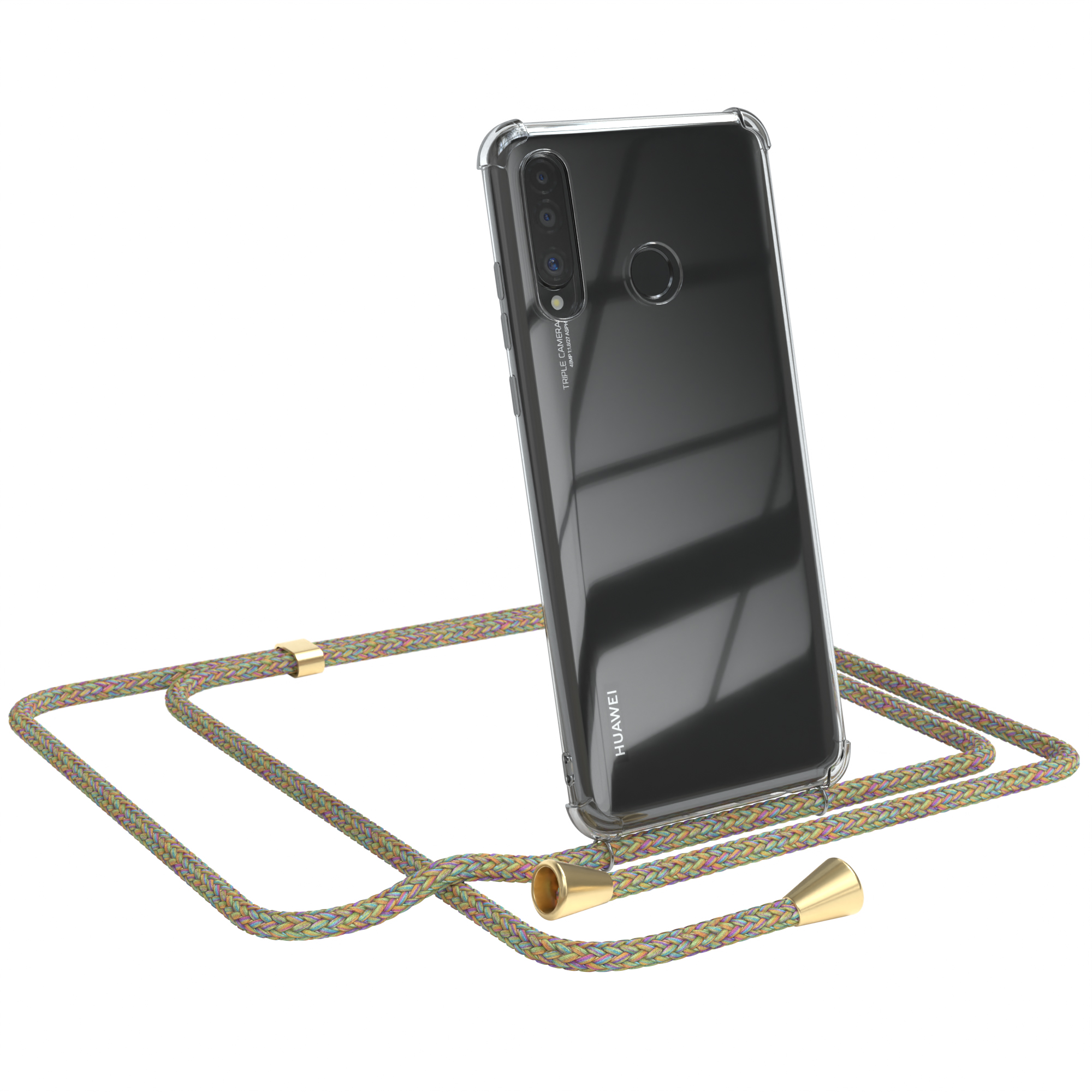 Klare Handyhülle mit mehrfarbigem Kabel. Huawei-Telefon. Weißer Hintergrund.