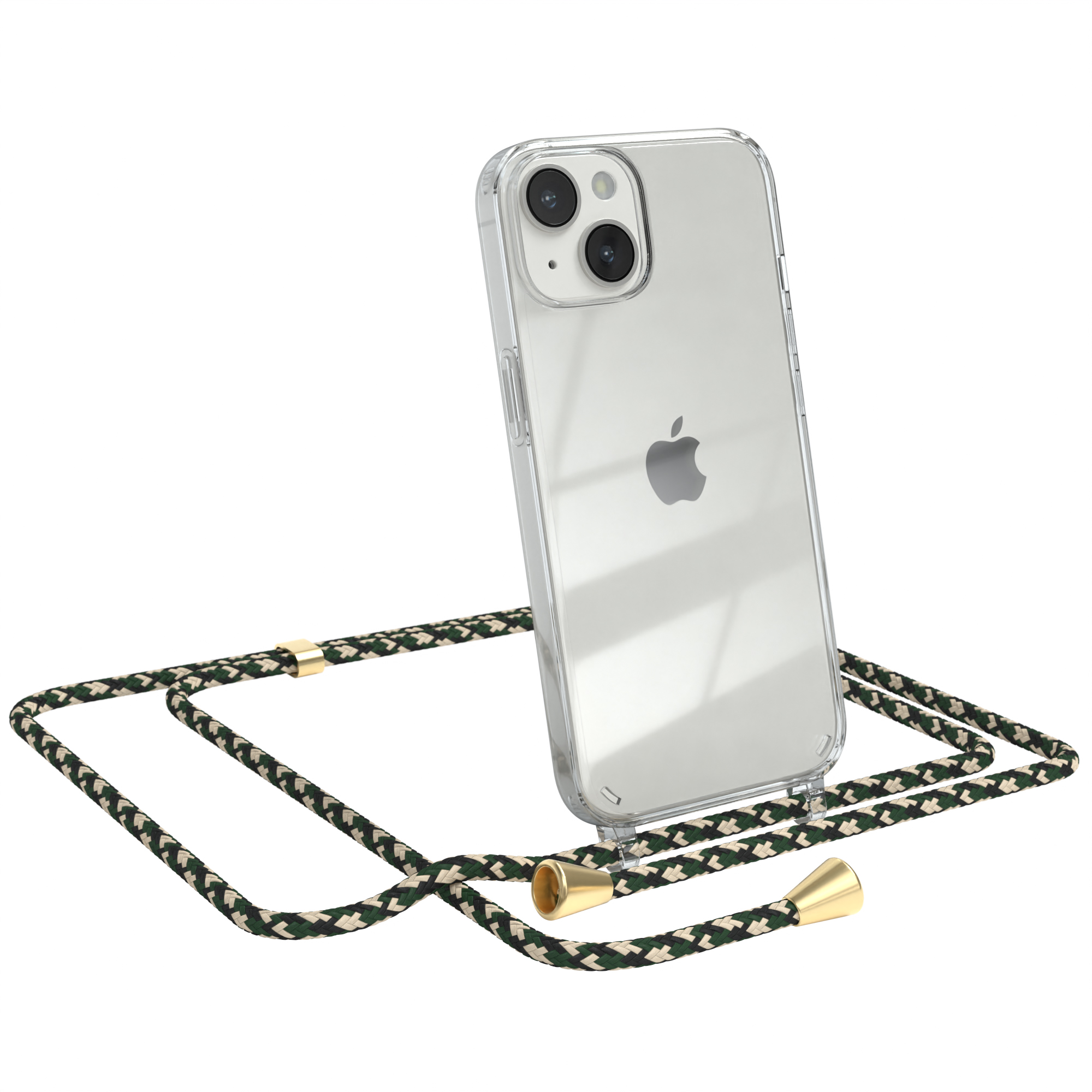 Ein Apple iPhone in einer transparenten Hülle mit einem gemusterten Kabel. Das Kabel hat goldfarbene Akzente.