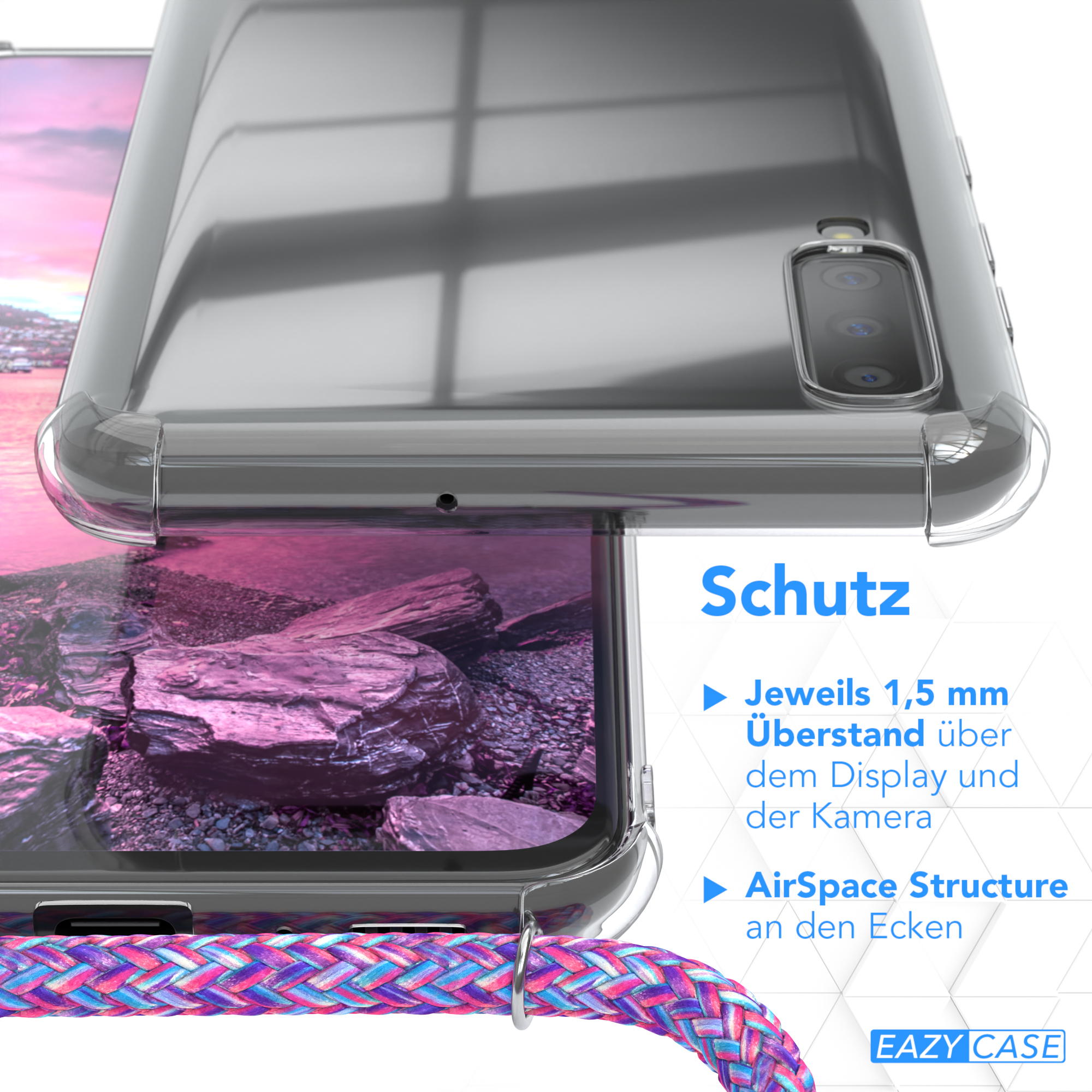 Umhängetasche, Clips CASE Galaxy Cover A70, EAZY Silber / Samsung, mit Umhängeband, Clear Lila