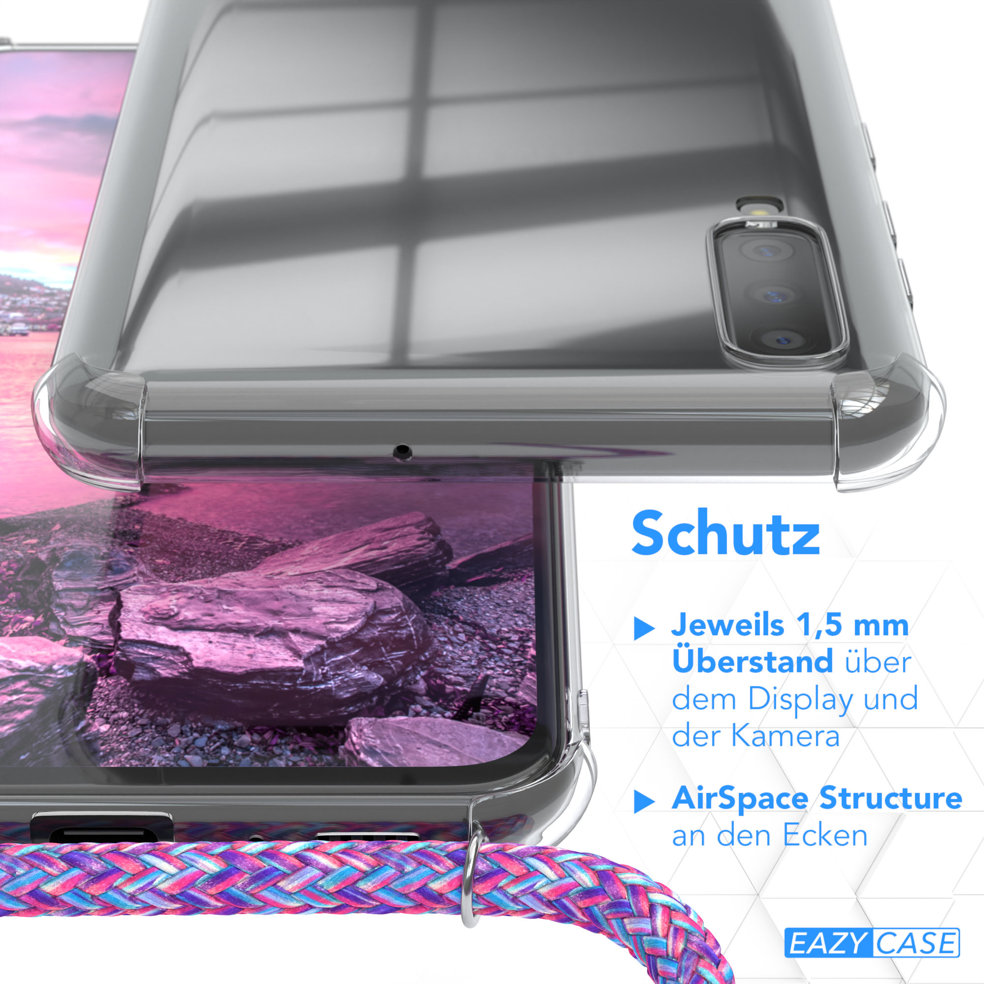 Klare Handyhülle schützt das Telefon. Enthält Text über Display- und Kameraschutz.