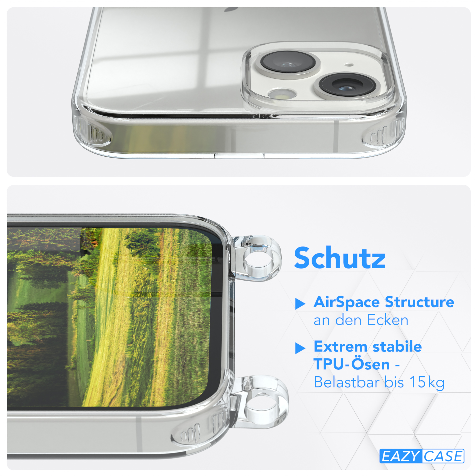 Eine transparente Handyhülle mit einem Telefon darin. Das Bild zeigt die Eckdetails der Hülle.