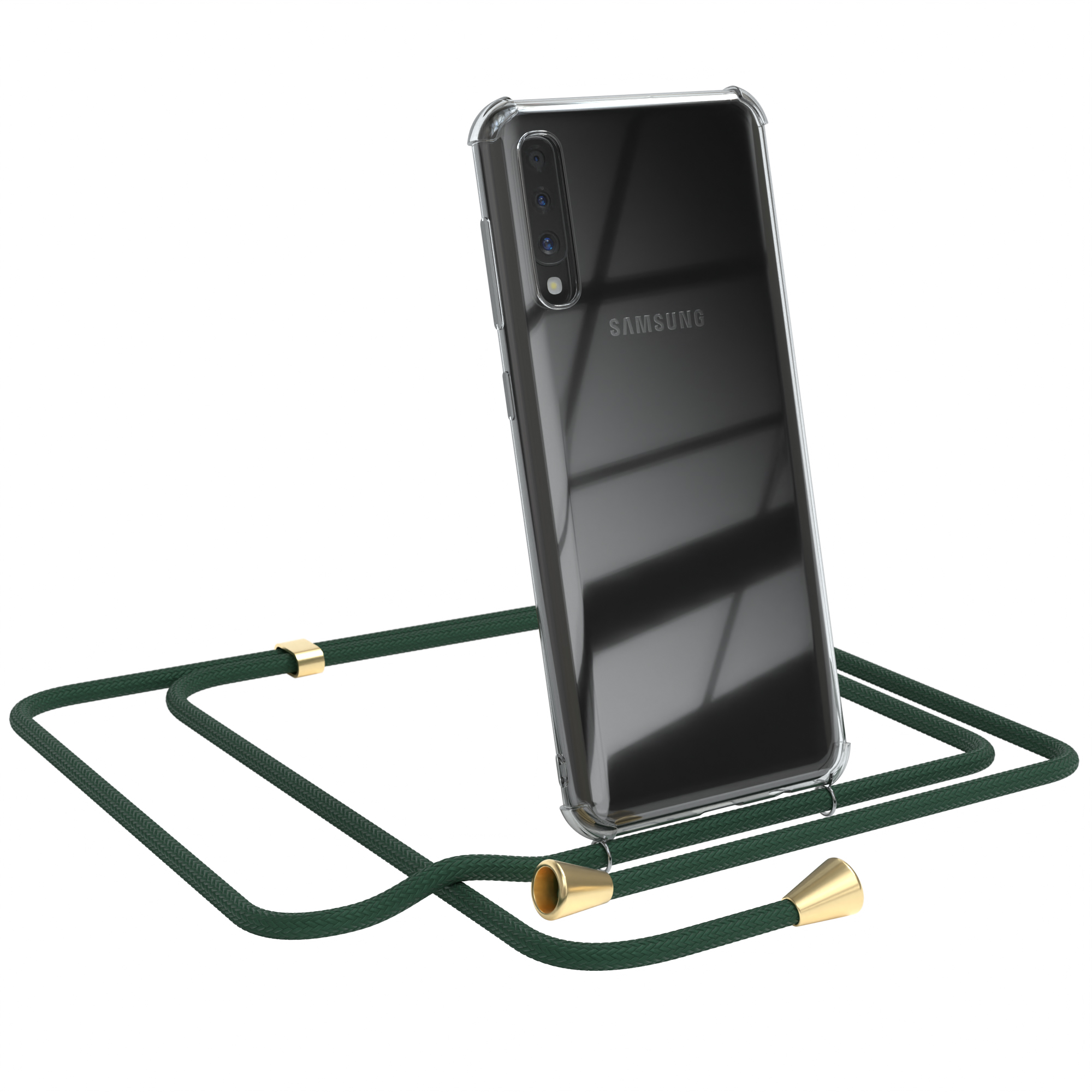 Transparente Handyhülle mit grünem Band. Ein Samsung-Telefon ist darin. Goldakzente an den Enden.