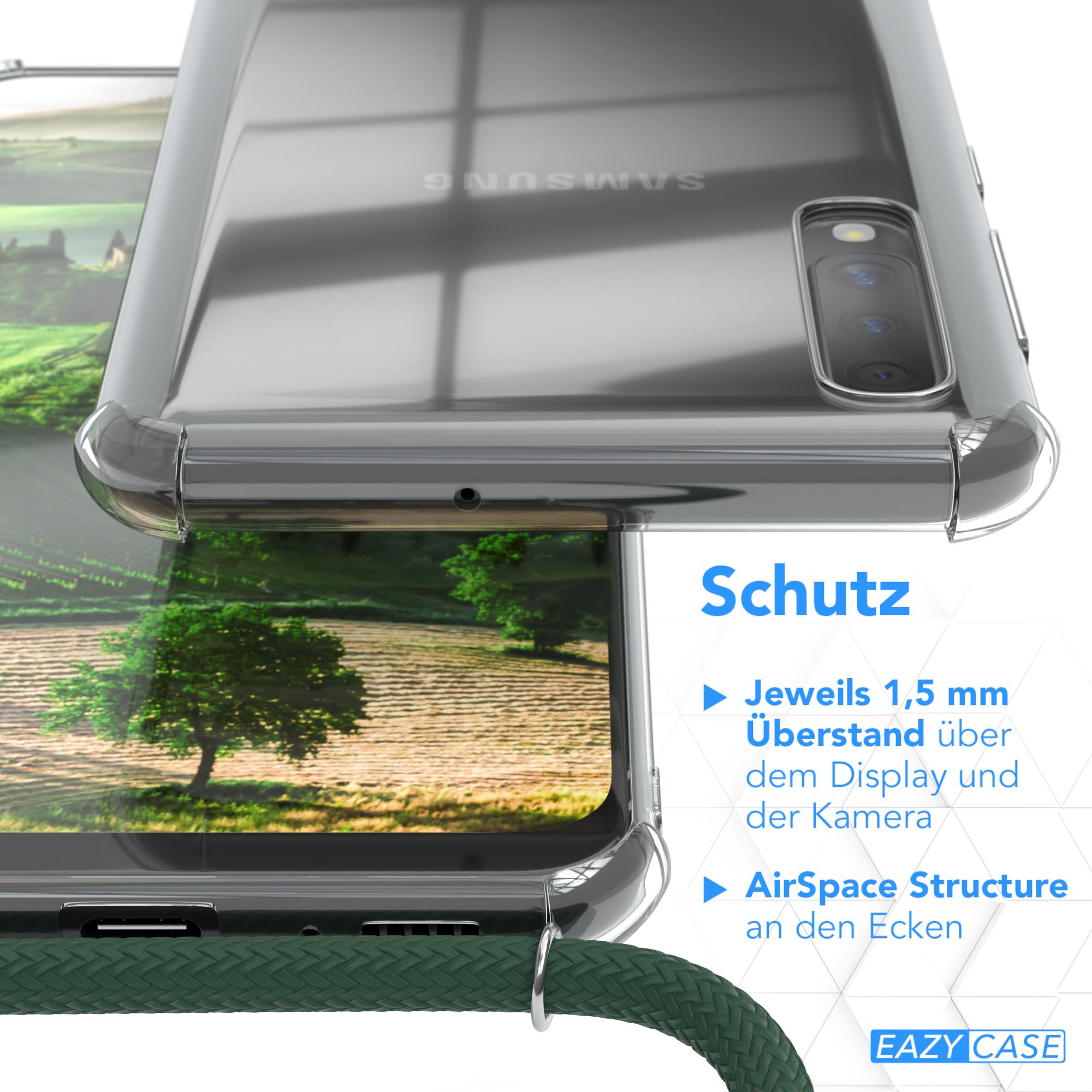 Nahaufnahme einer Handyhülle. Zeigt den Rand mit AirSpace Structure, klares Design und grünen Riemen.