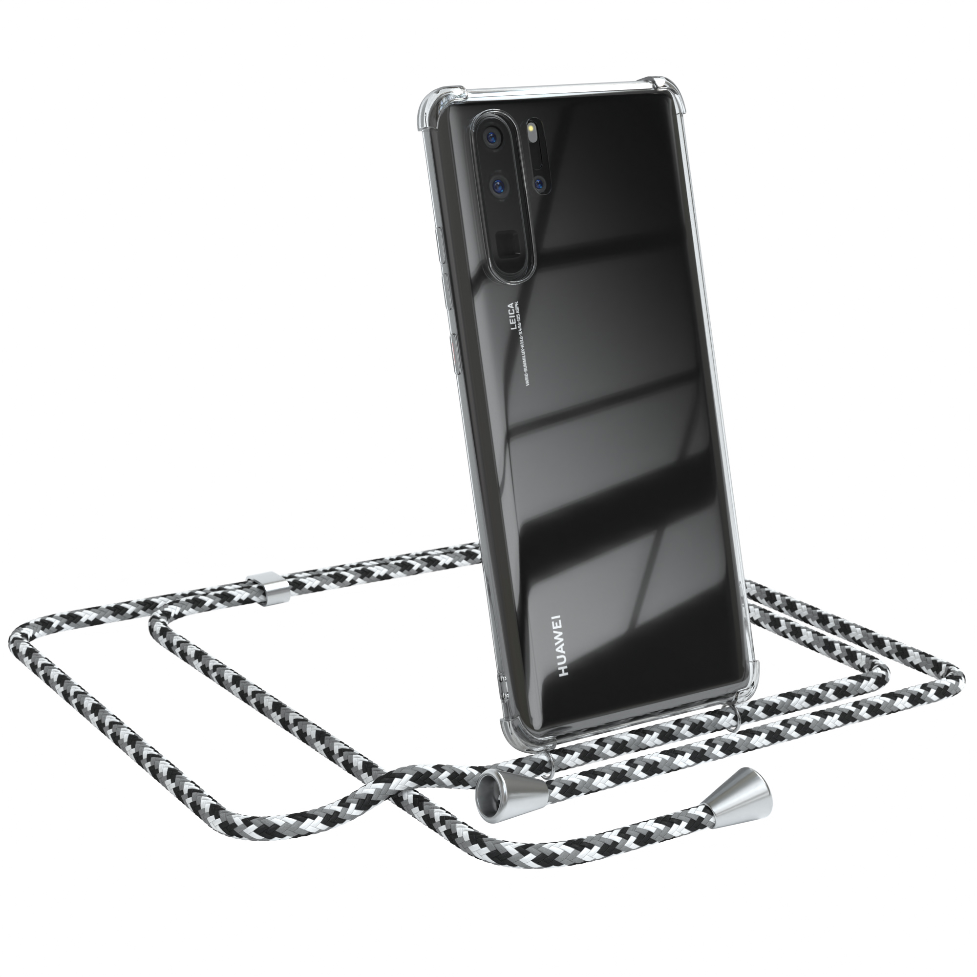 Telefon in klarer Hülle mit schwarz-weiß-grauem Lanyard. Weißer Hintergrund.