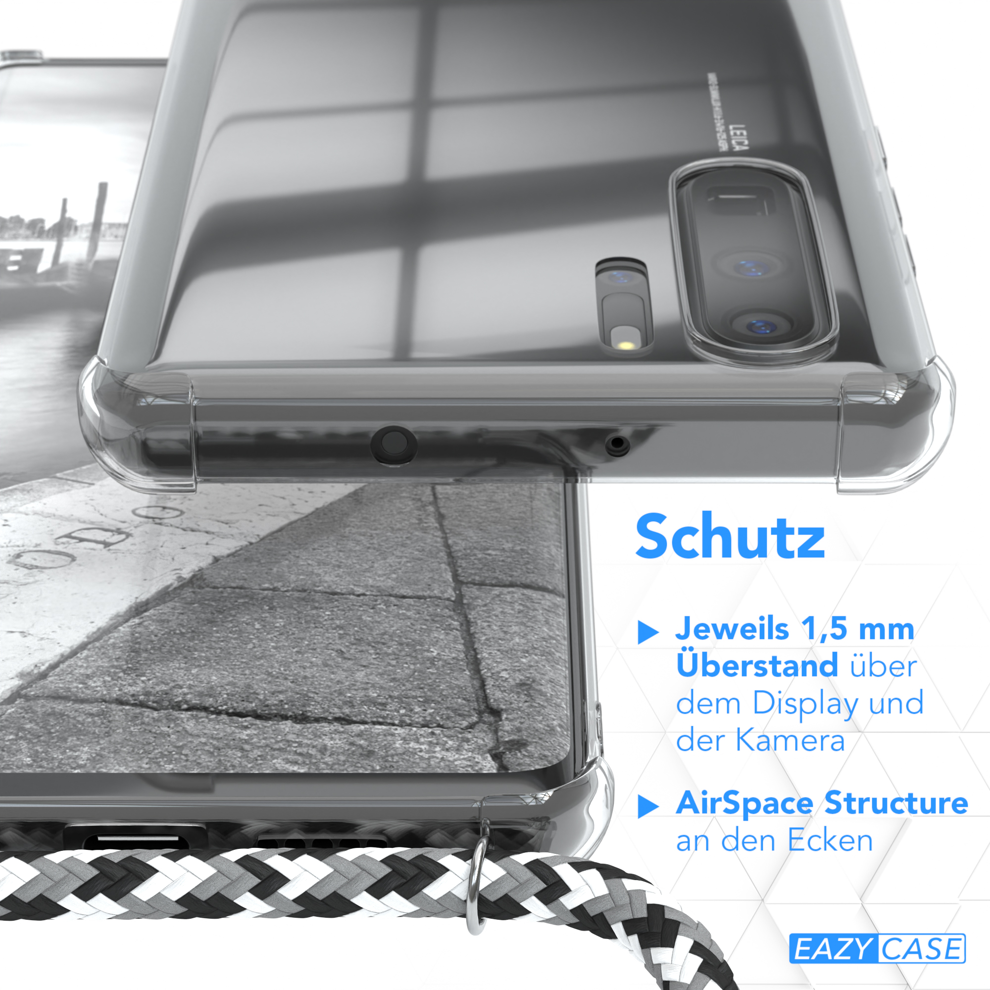 Nahaufnahme Handyhülle mit Text "Schutz", zeigt Schutzfunktionen und "Eazy Case" Logo.